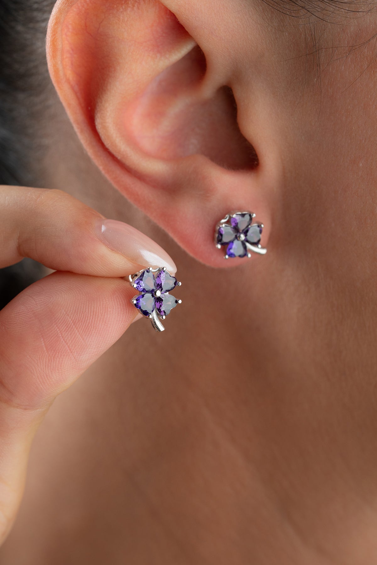 Four Leaf Clover Stud Earrings in Purple