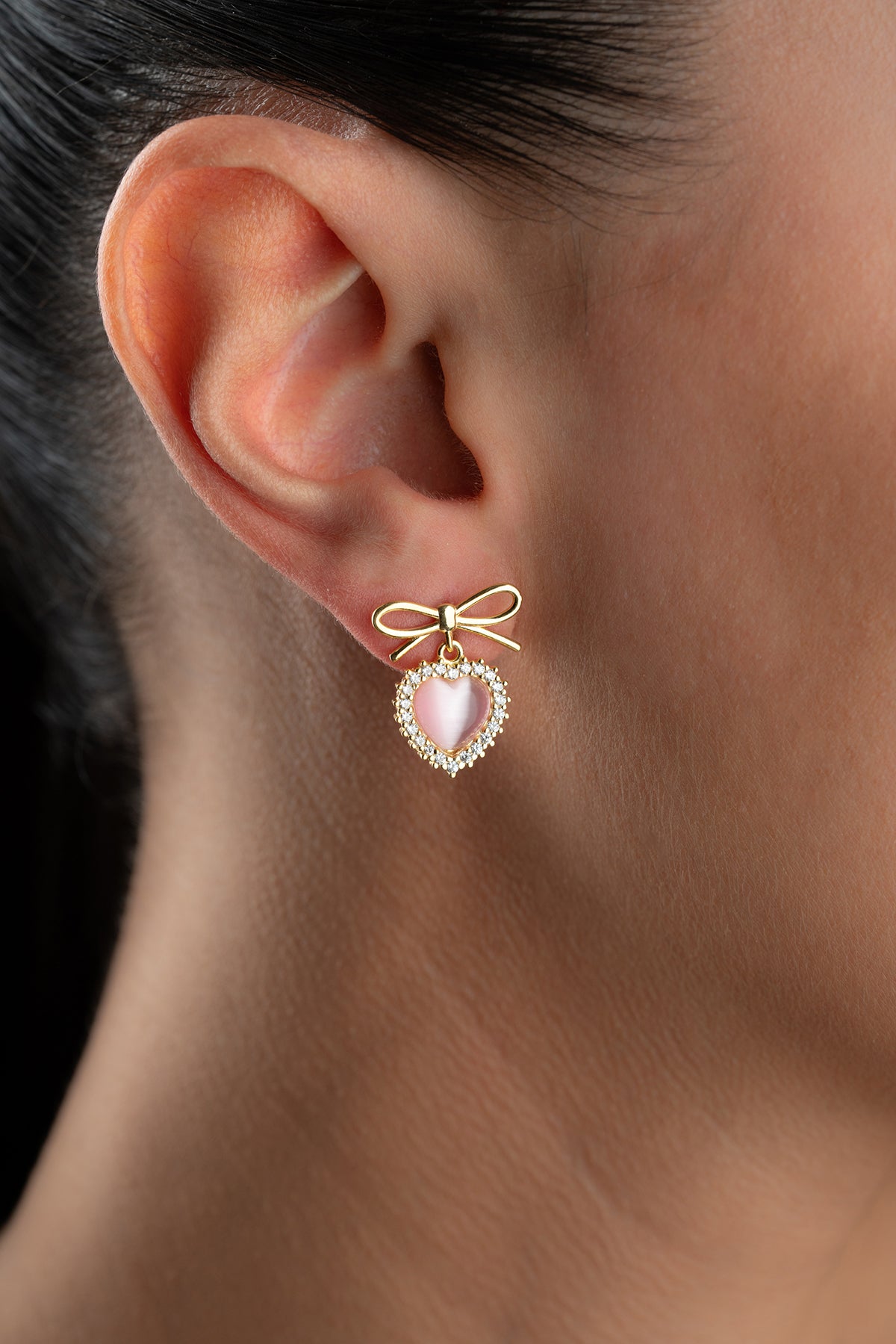 Bow and Heart Drop Earrings in Gold
