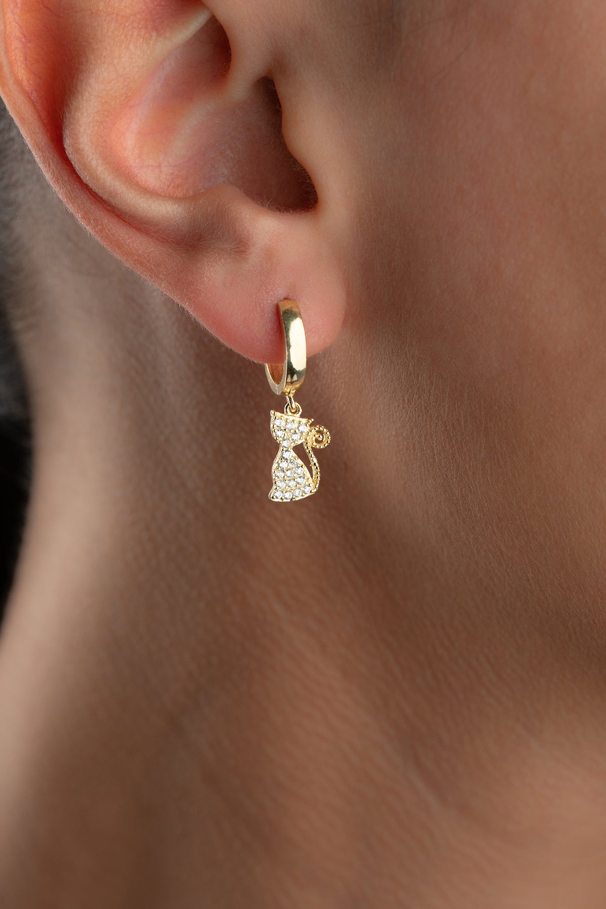 Pave Cat Charm Hoop Earrings