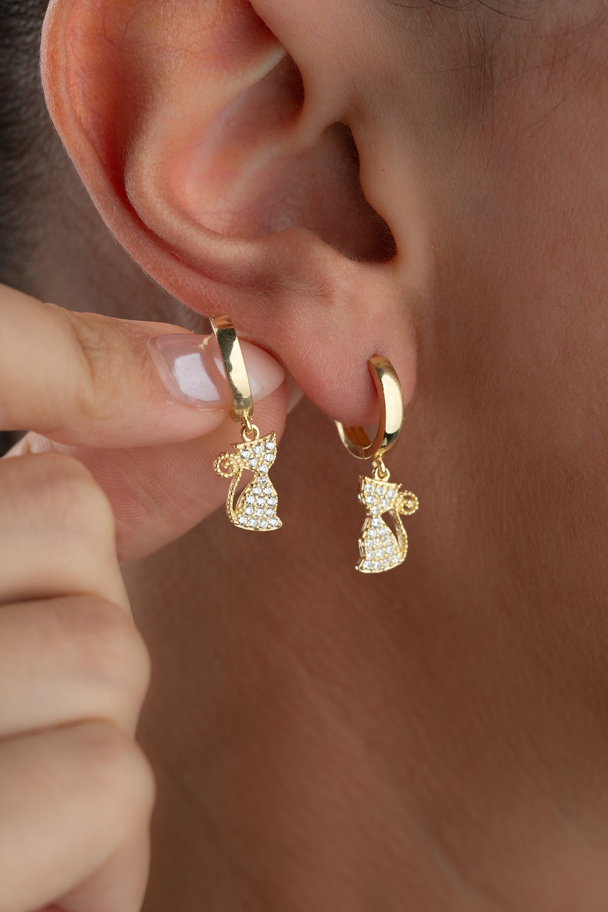 Pave Cat Charm Hoop Earrings