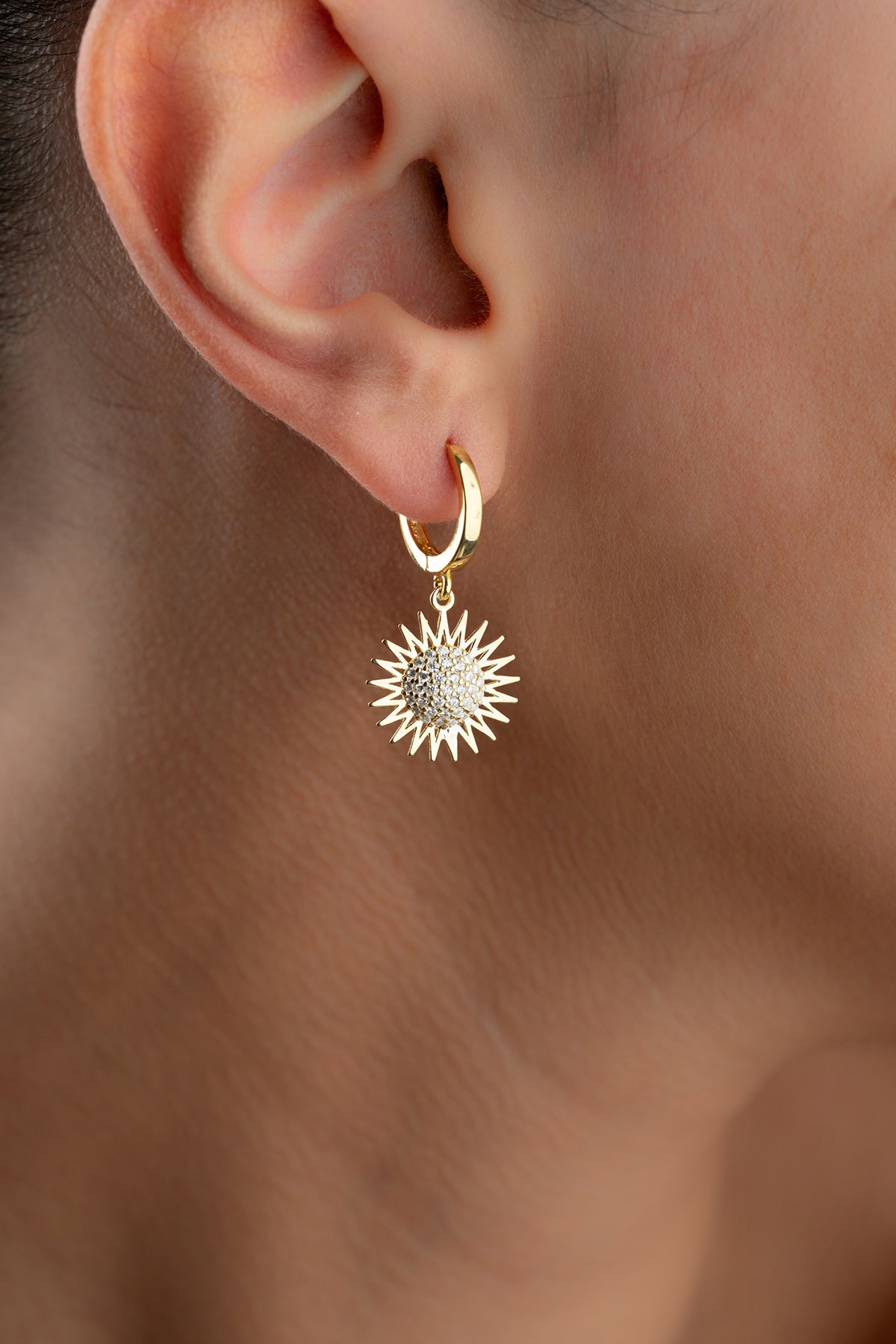 Pave Sun Charm Huggie Earrings