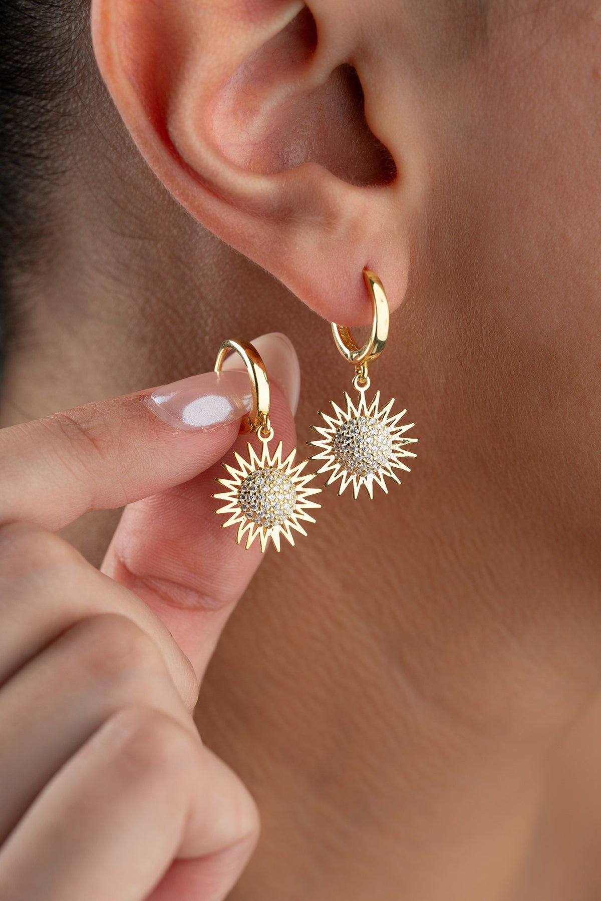 Pave Sun Charm Huggie Earrings