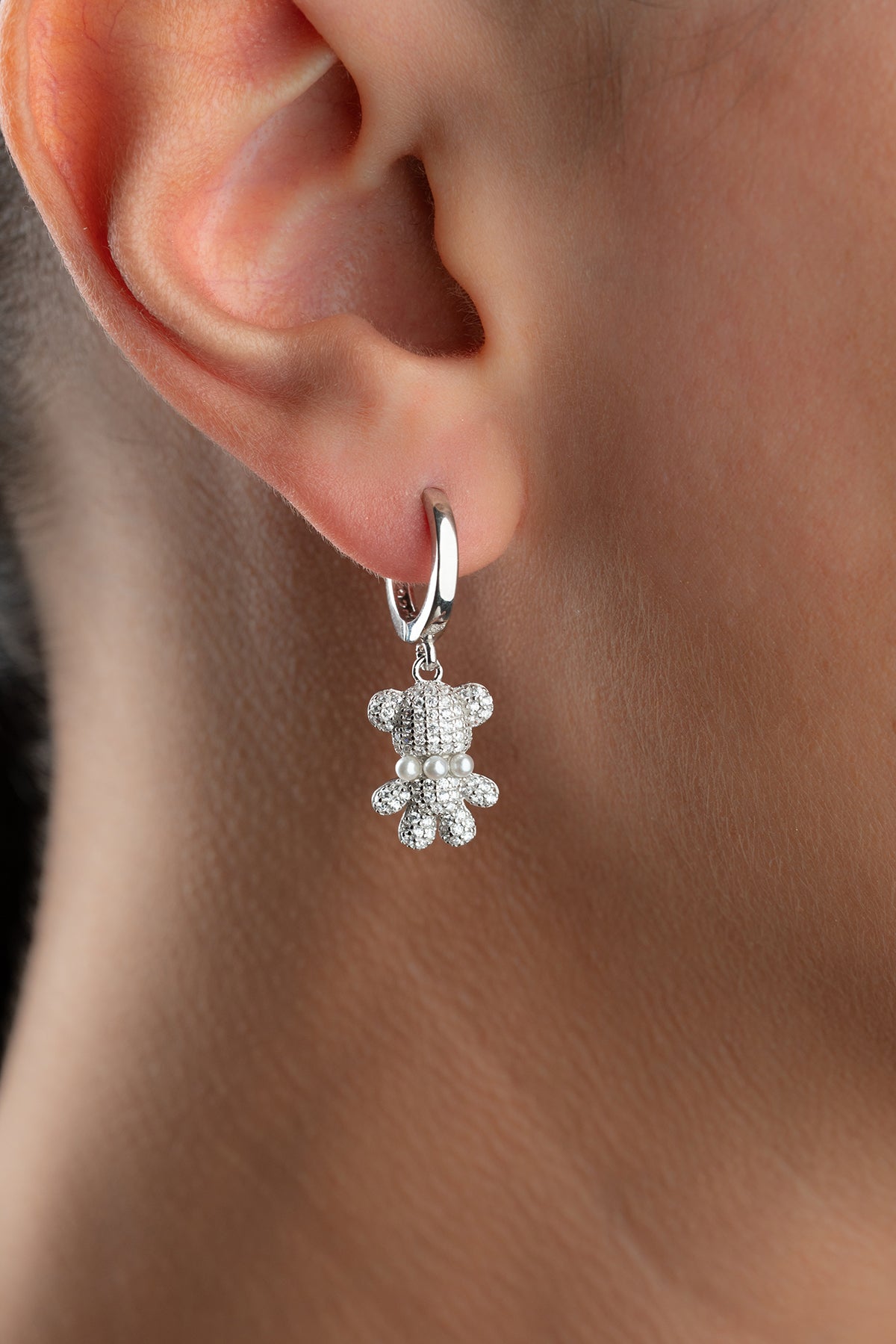 Pave Teddy Bear Charm Hoop Earrings