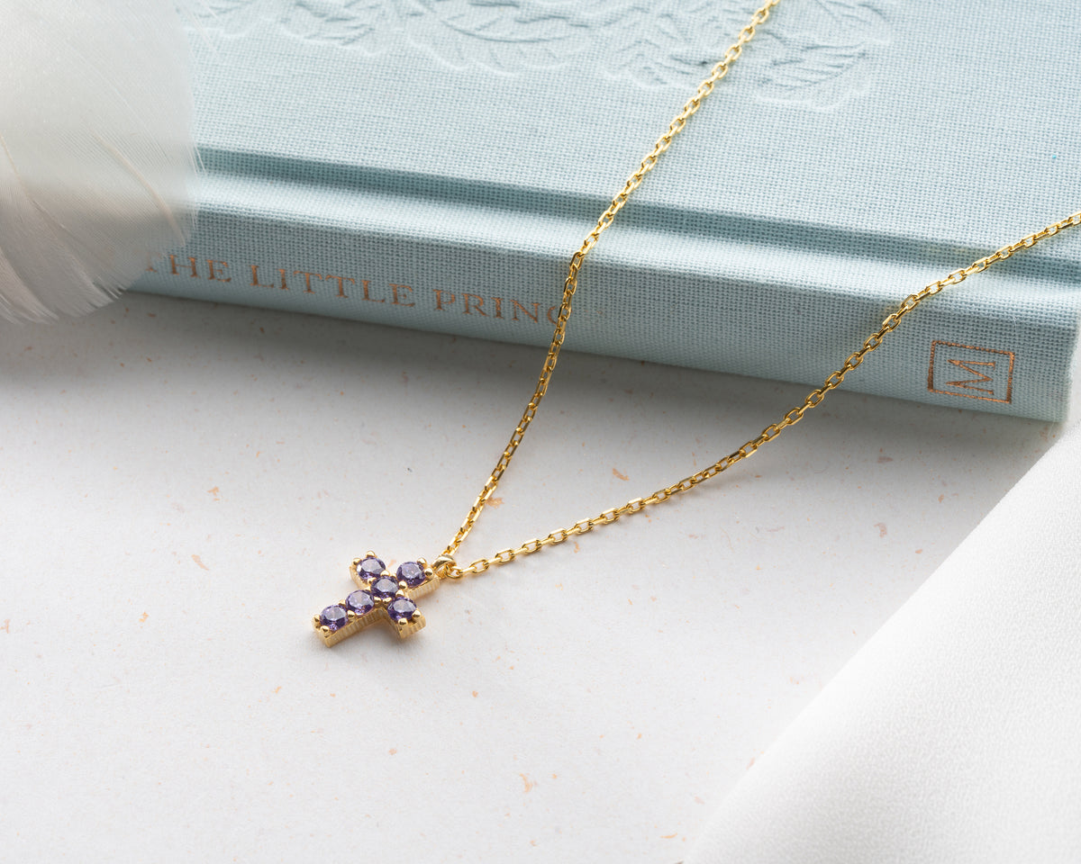 Delicate Pave Birthstone Cross Necklace