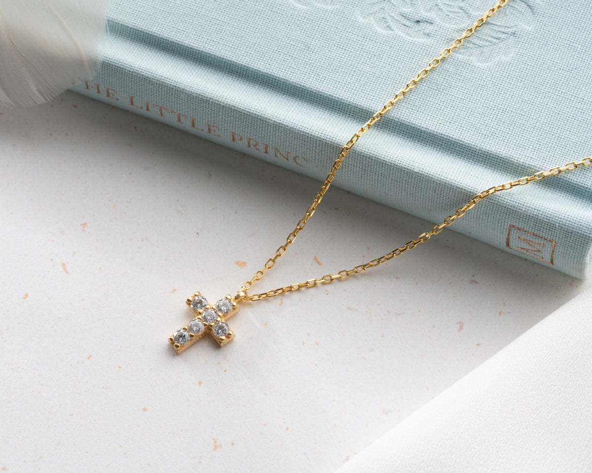 Delicate Pave Birthstone Cross Necklace