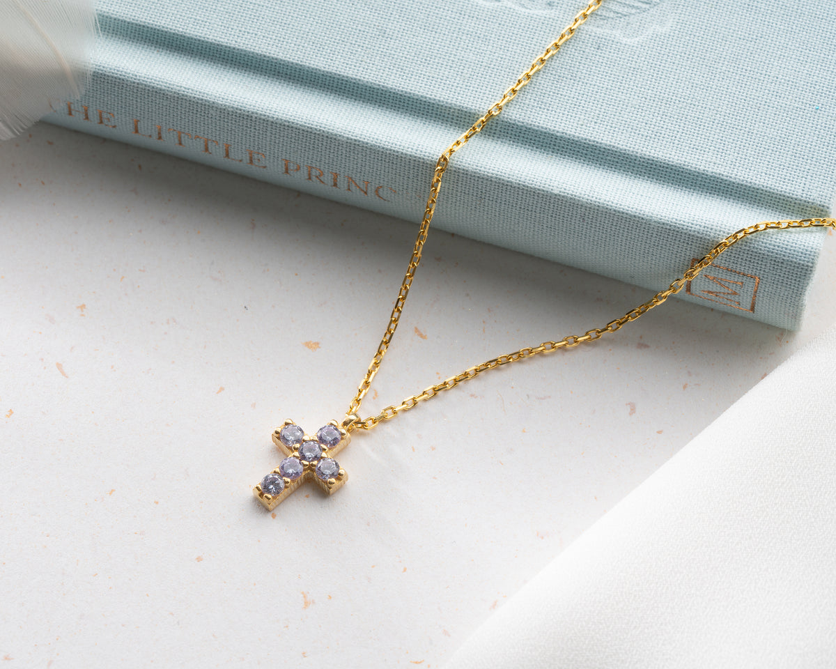 Delicate Pave Birthstone Cross Necklace