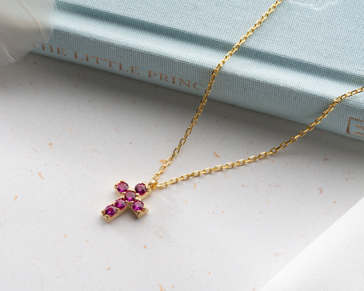 Delicate Pave Birthstone Cross Necklace