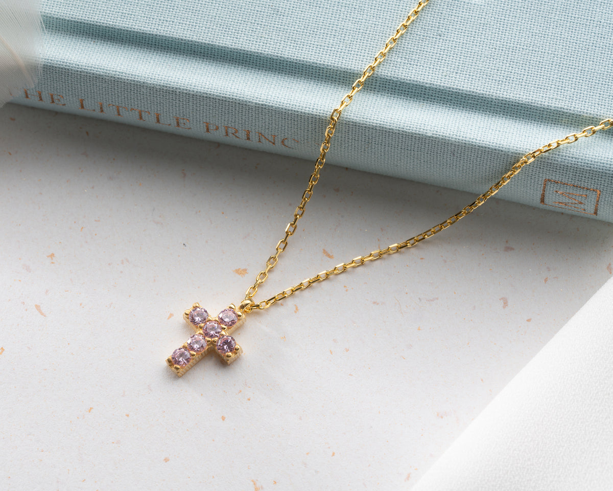 Delicate Pave Birthstone Cross Necklace
