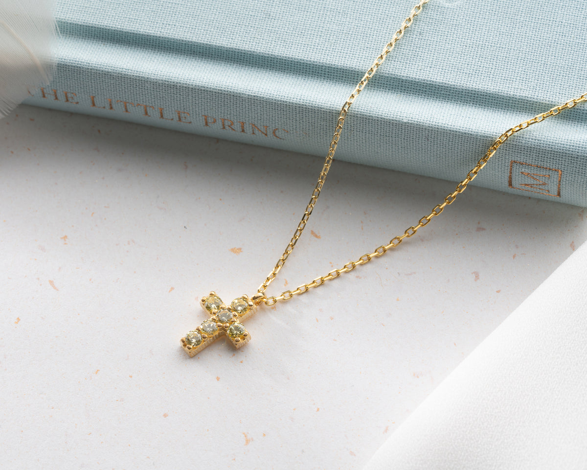 Delicate Pave Birthstone Cross Necklace