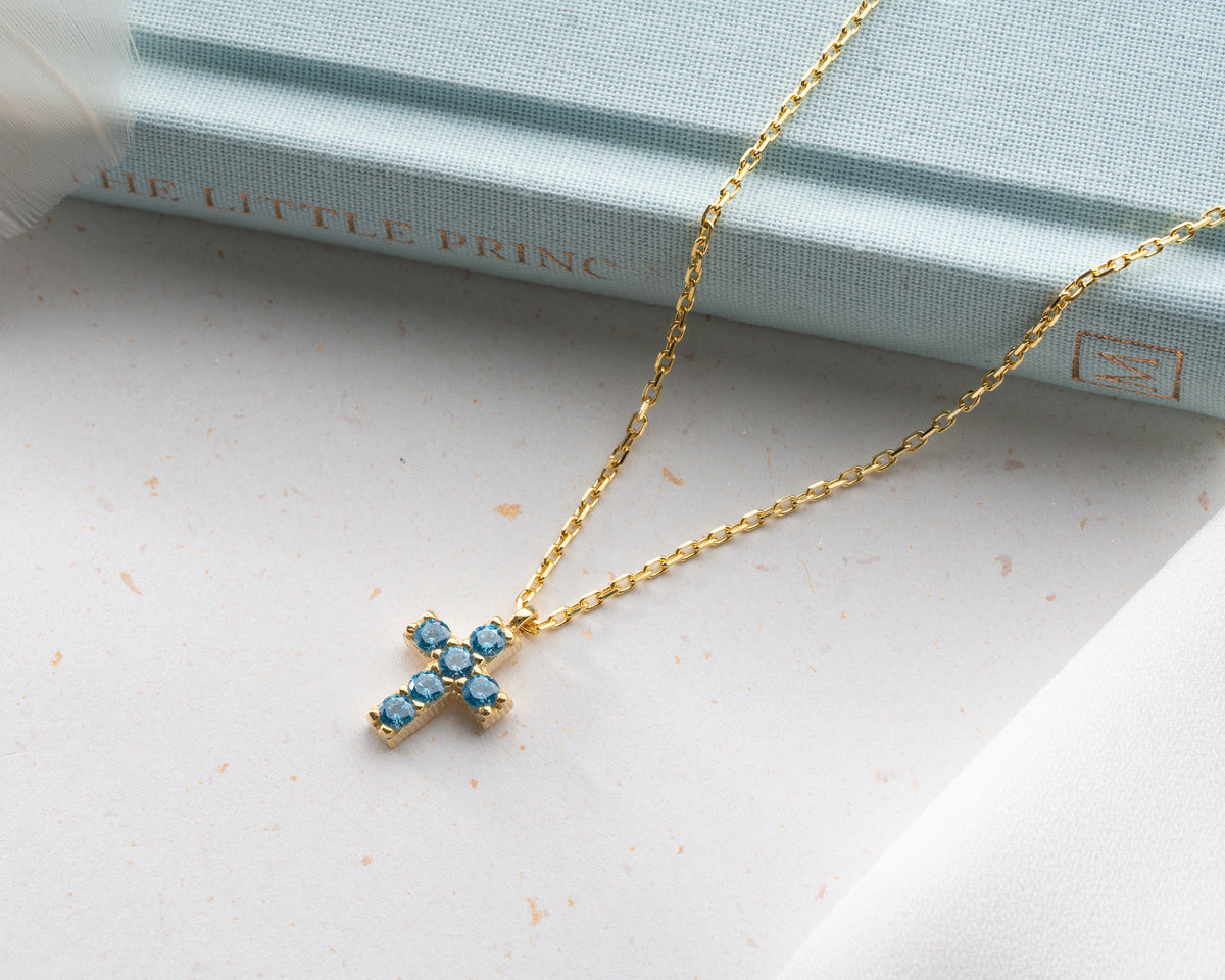 Delicate Pave Birthstone Cross Necklace