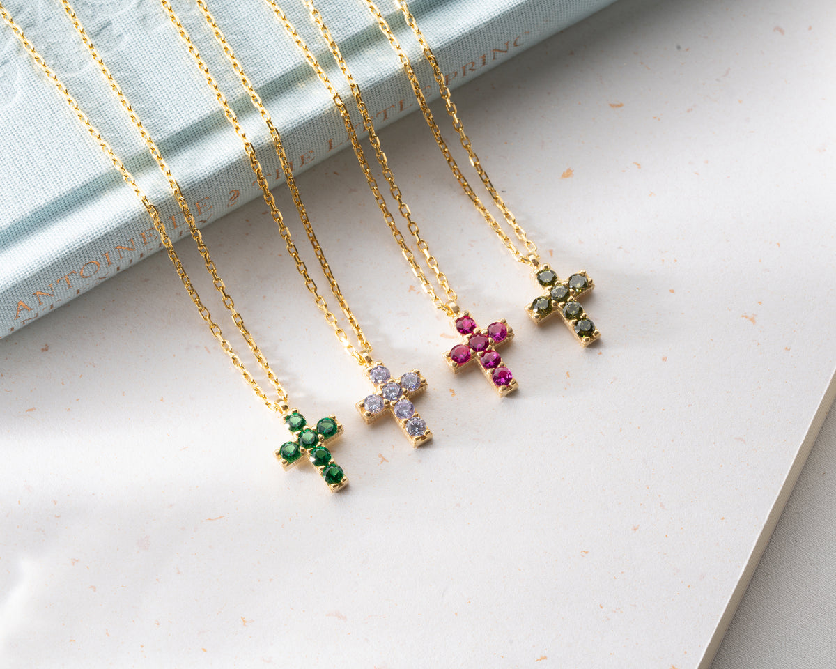 Delicate Pave Birthstone Cross Necklace
