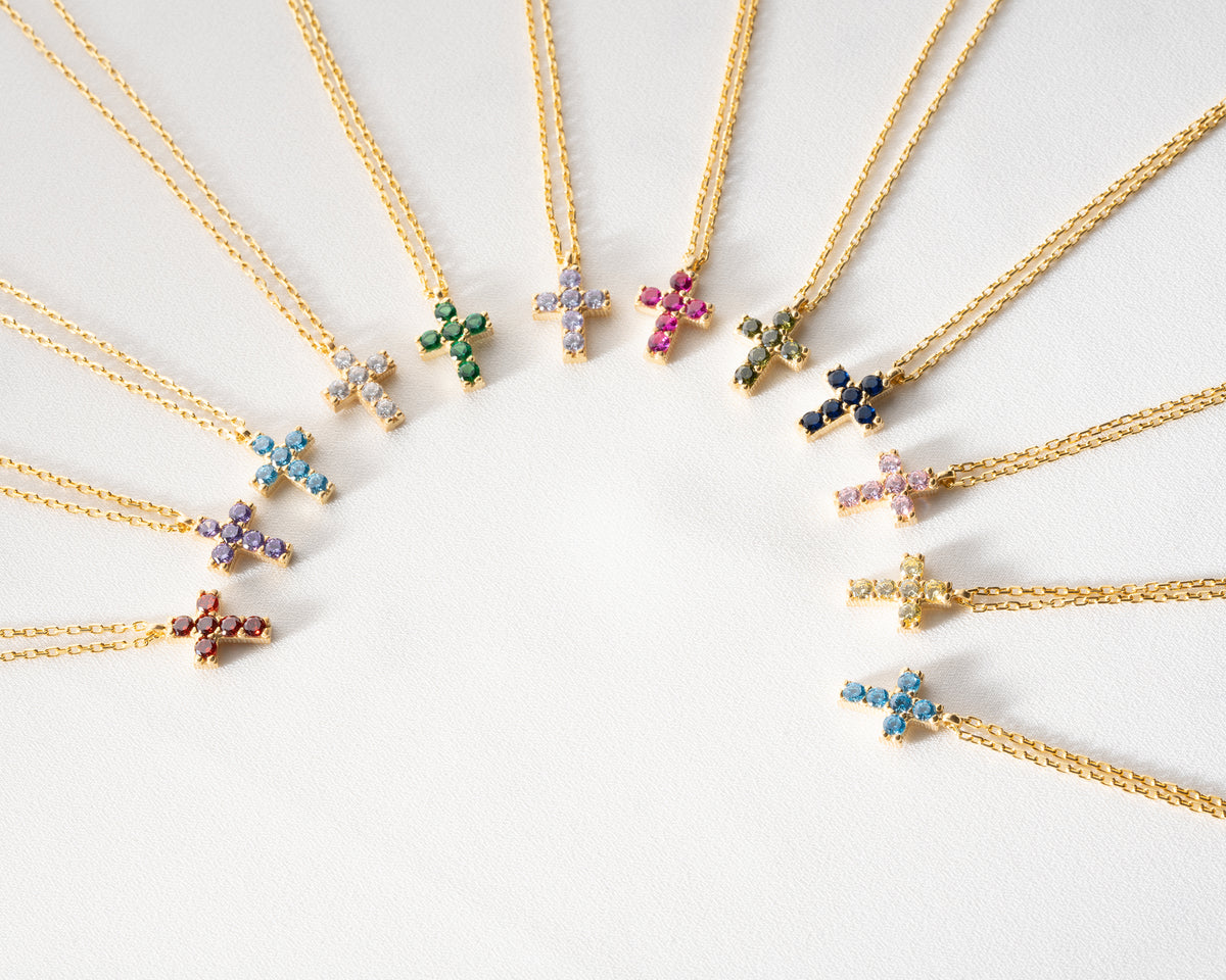 Delicate Pave Birthstone Cross Necklace