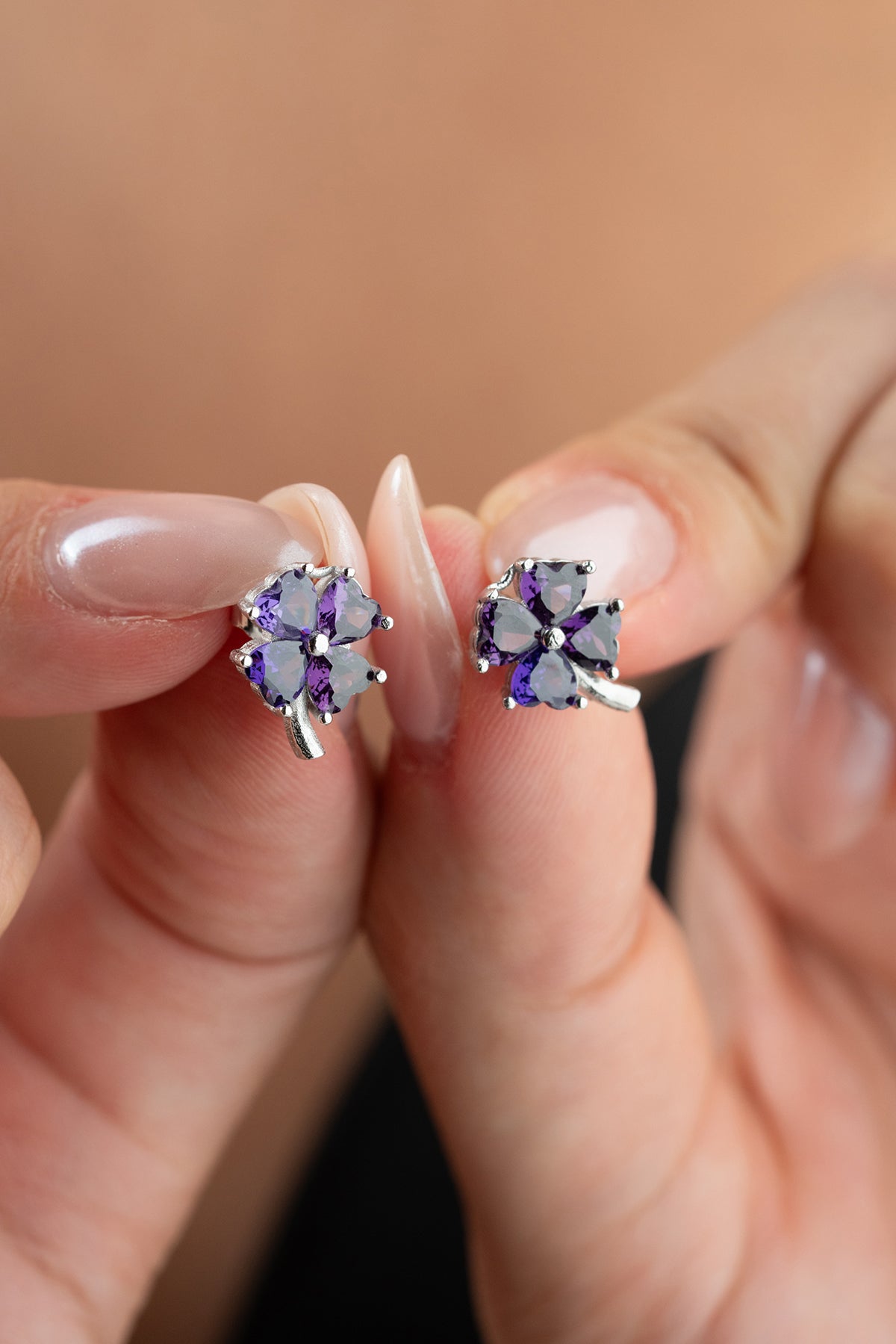 Four Leaf Clover Stud Earrings in Purple