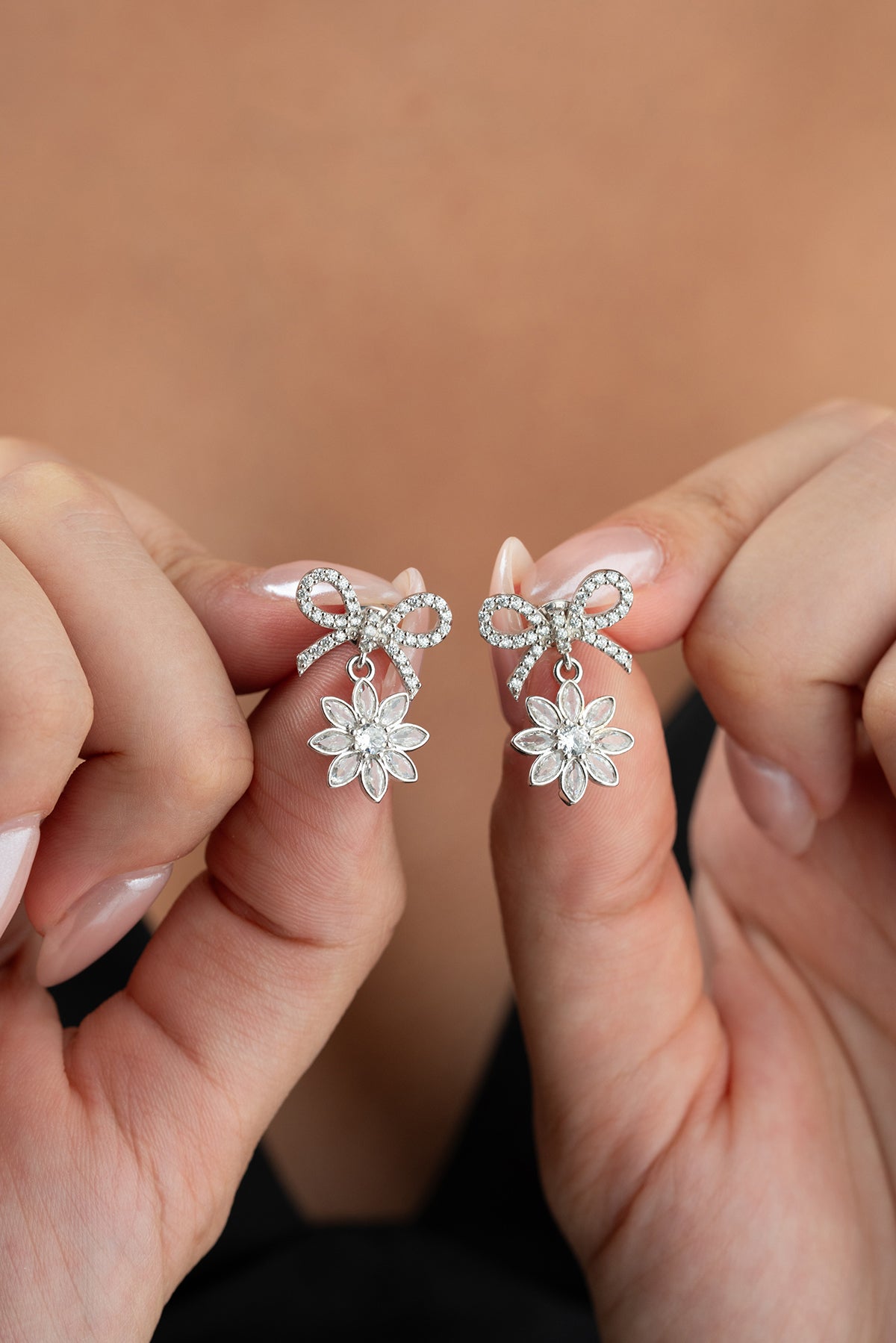 Bow and Flower Drop Earrings in Silver