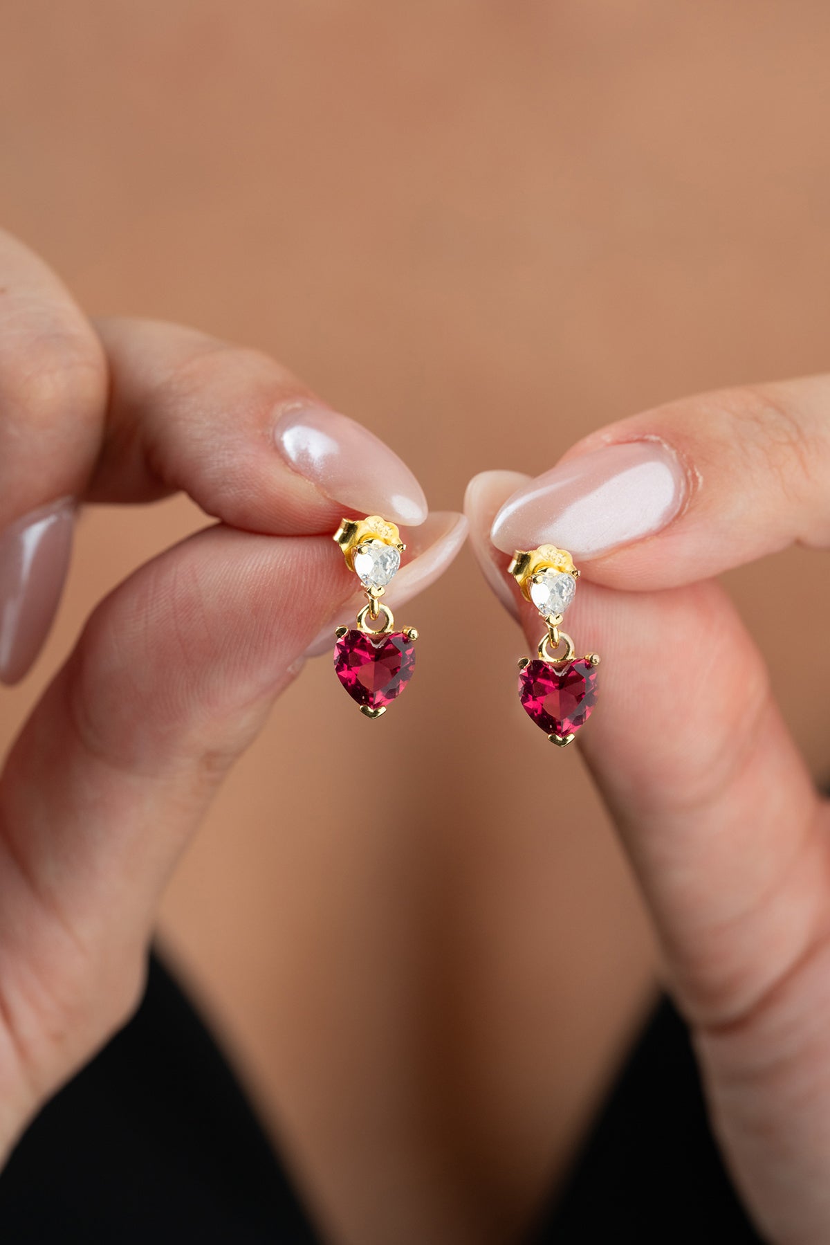 Red Heart Crystal Drop Earrings in Gold