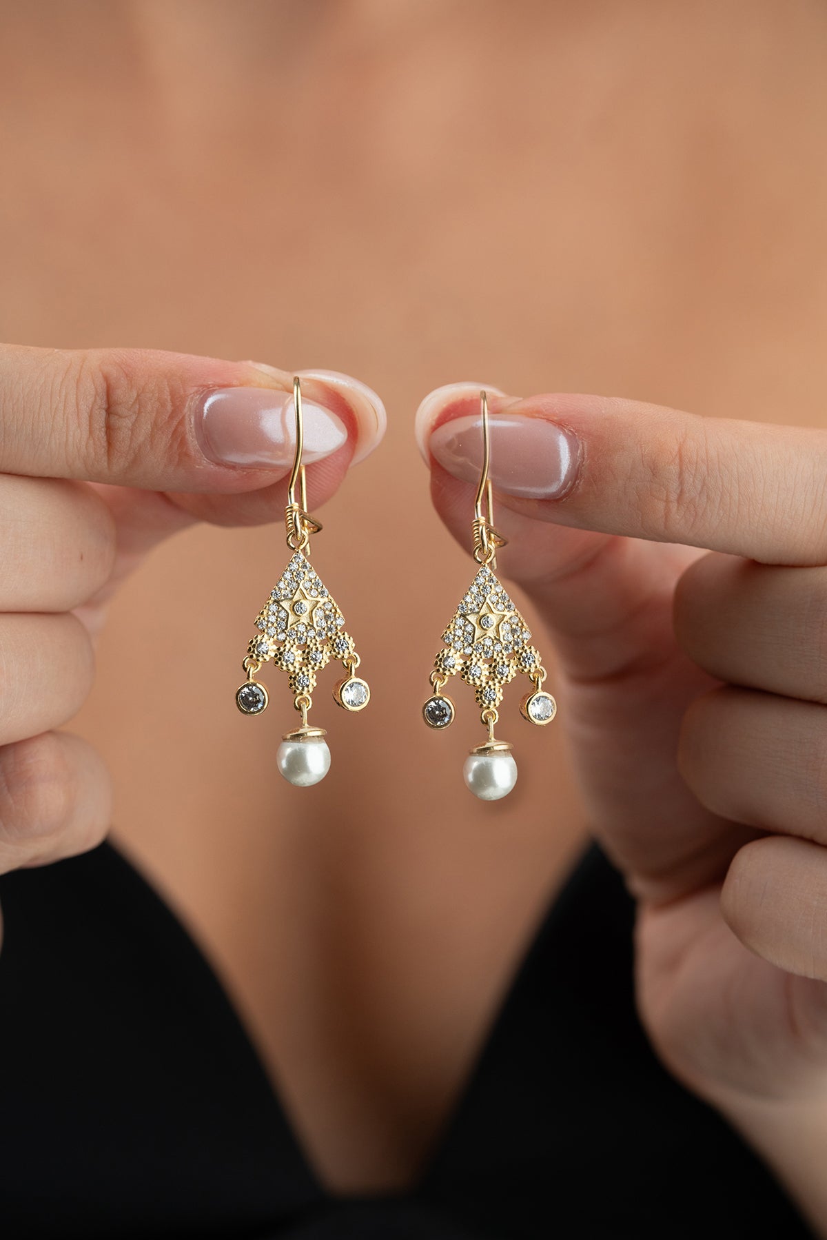 Gold Star Pearl Chandelier Earrings
