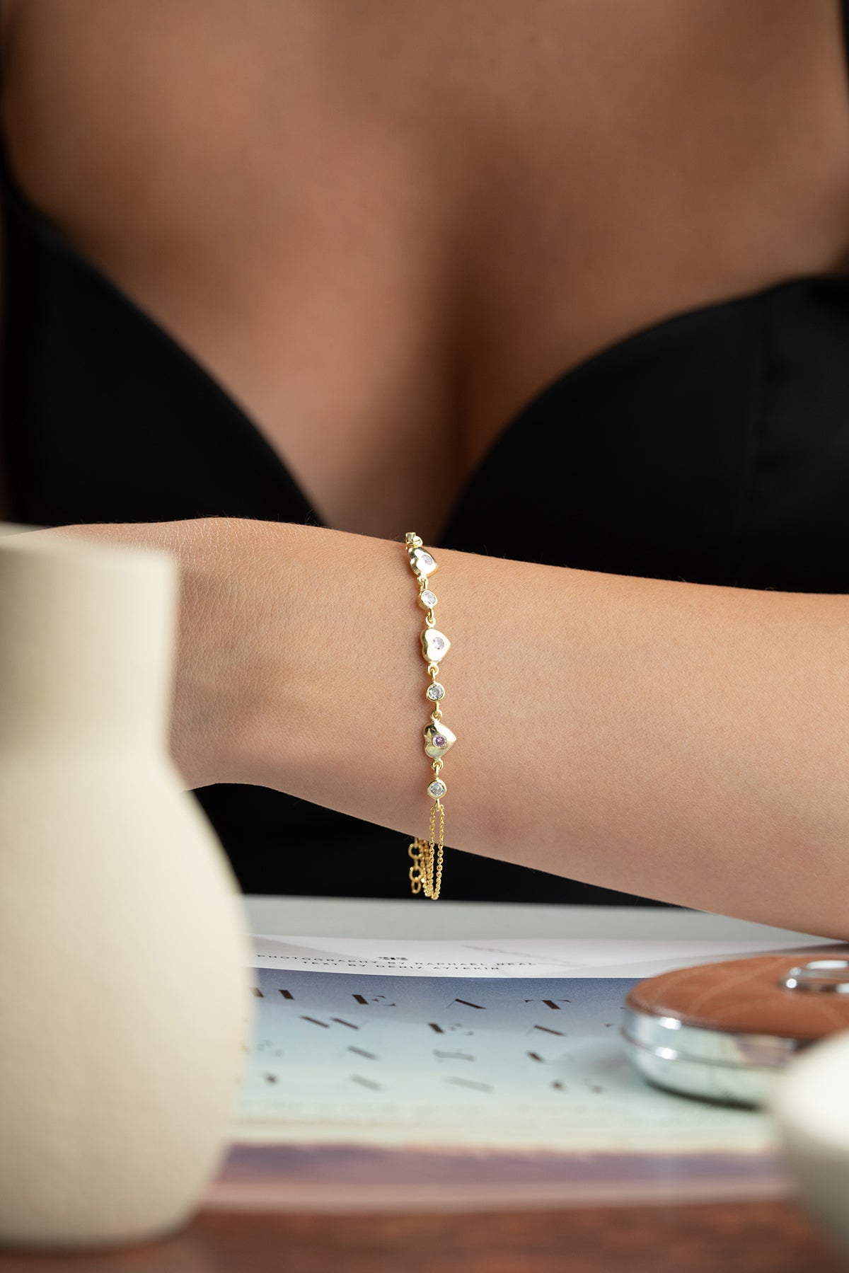 Heart Charm Station Bracelet in Gold