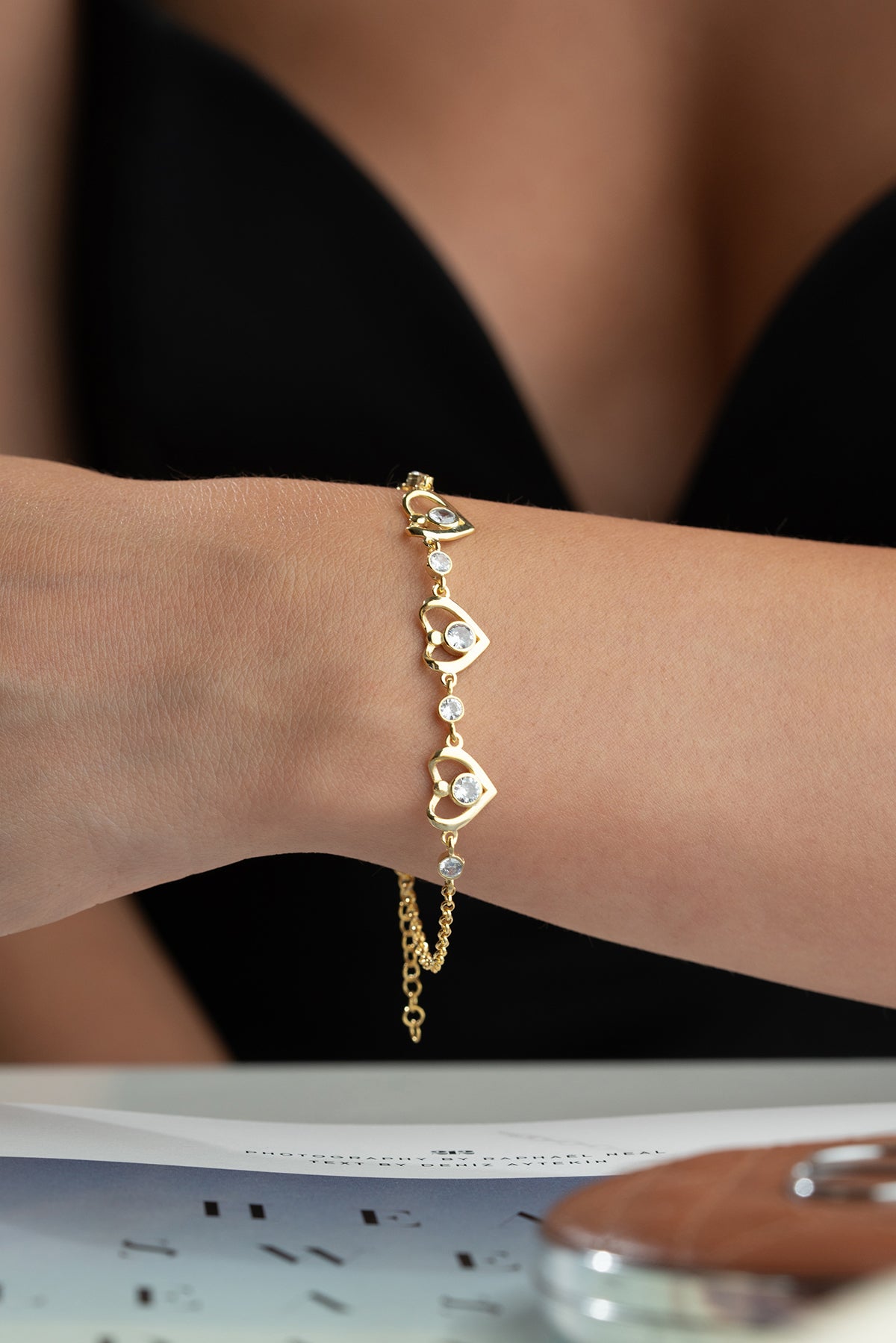 Gold Heart Charm Station Bracelet