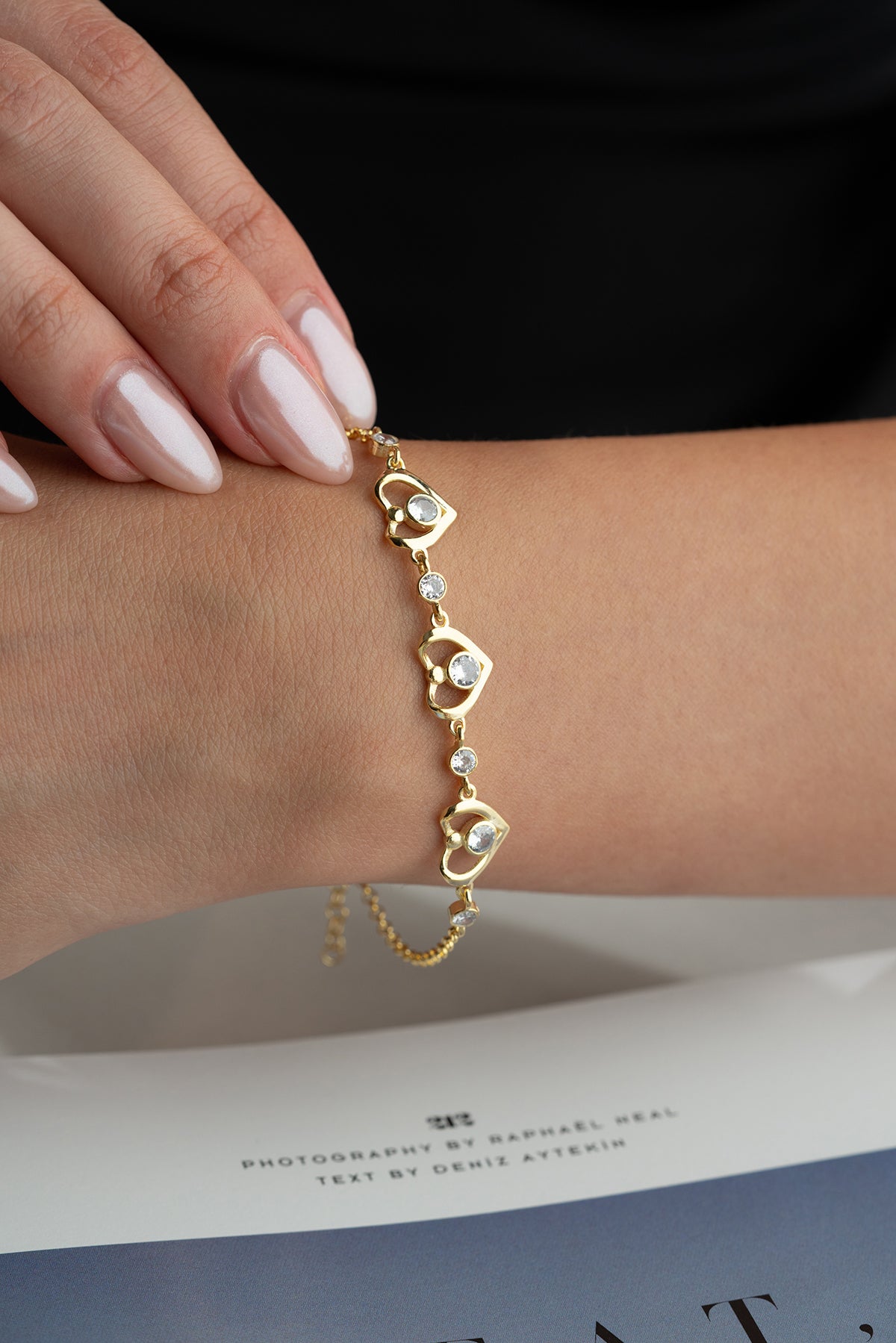 Gold Heart Charm Station Bracelet