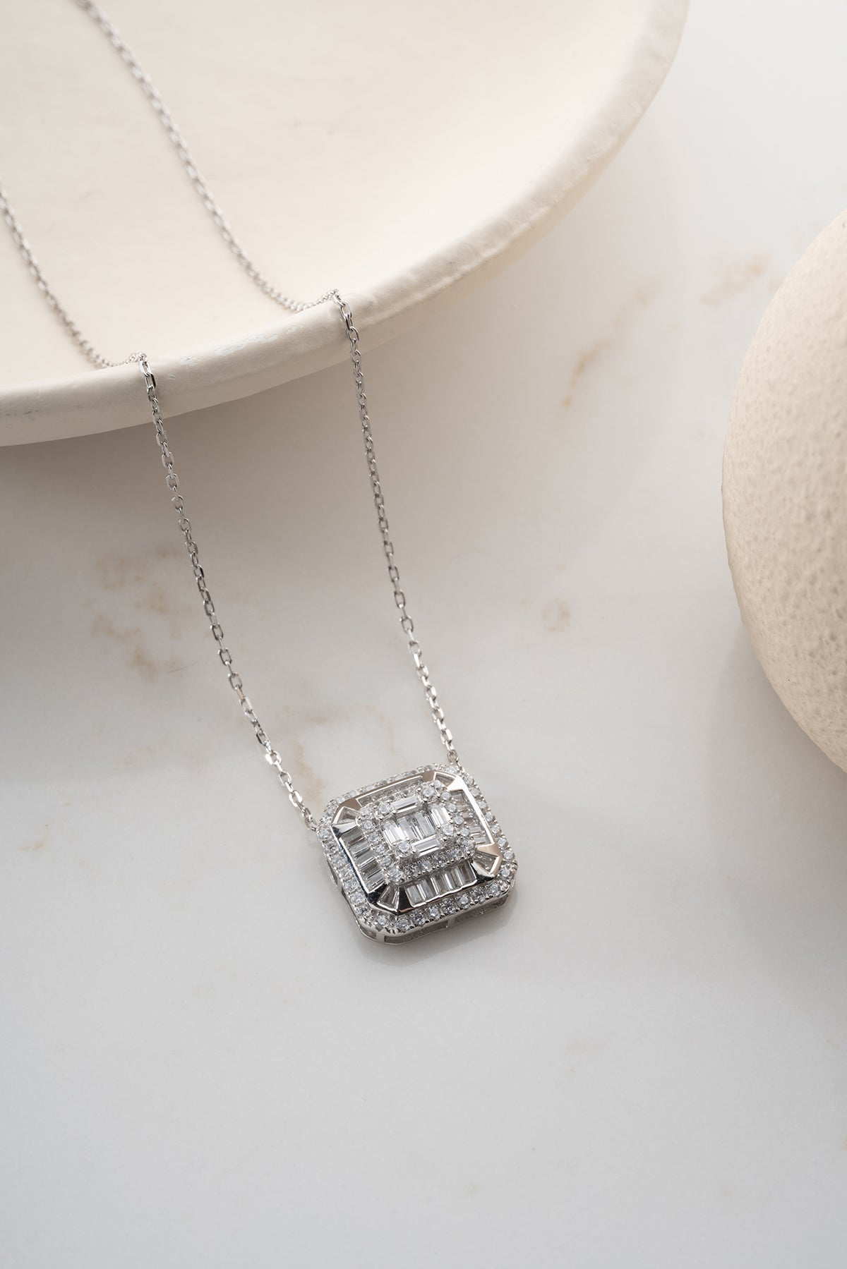 Silver Baguette Cluster Pendant Necklace