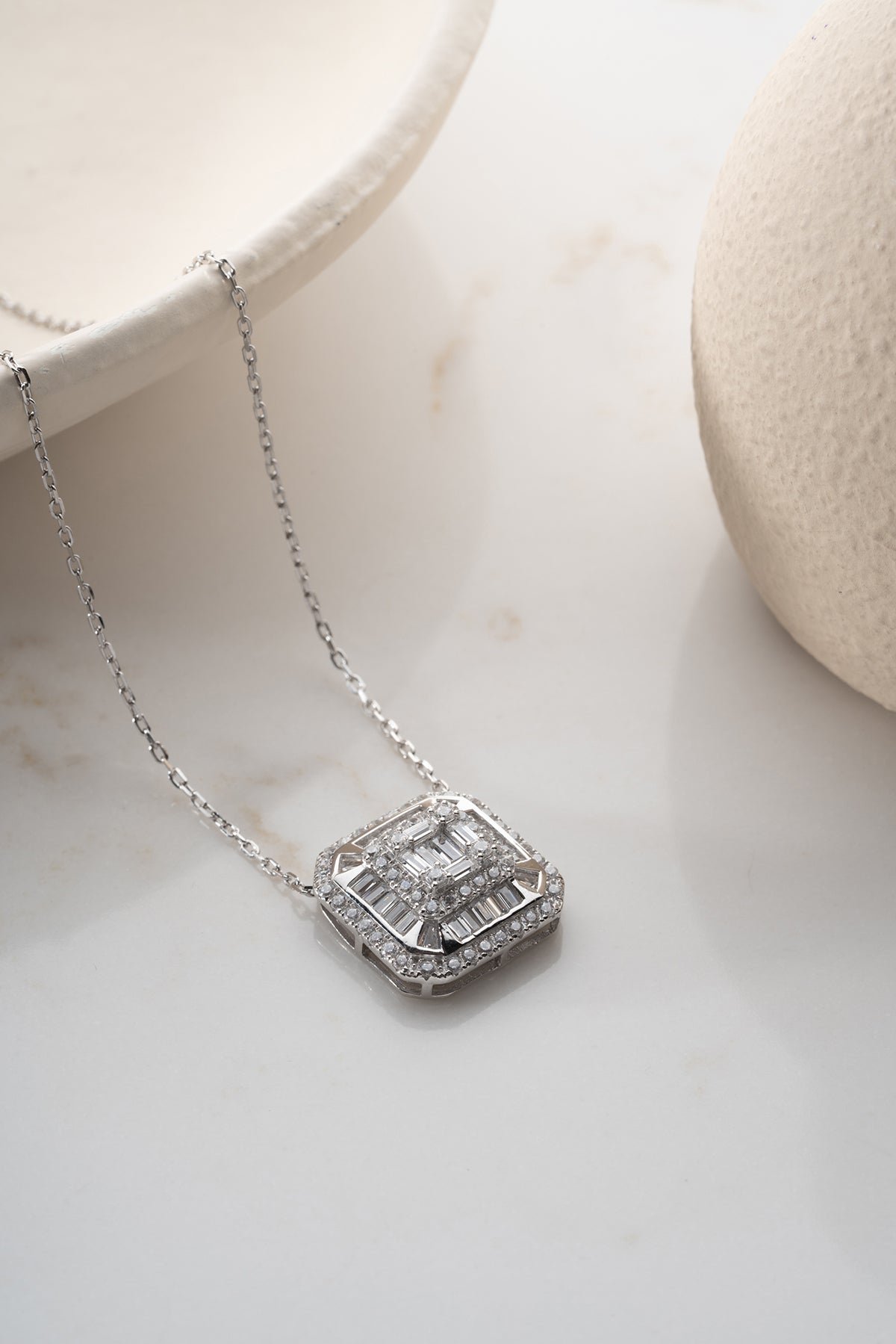 Silver Baguette Cluster Pendant Necklace