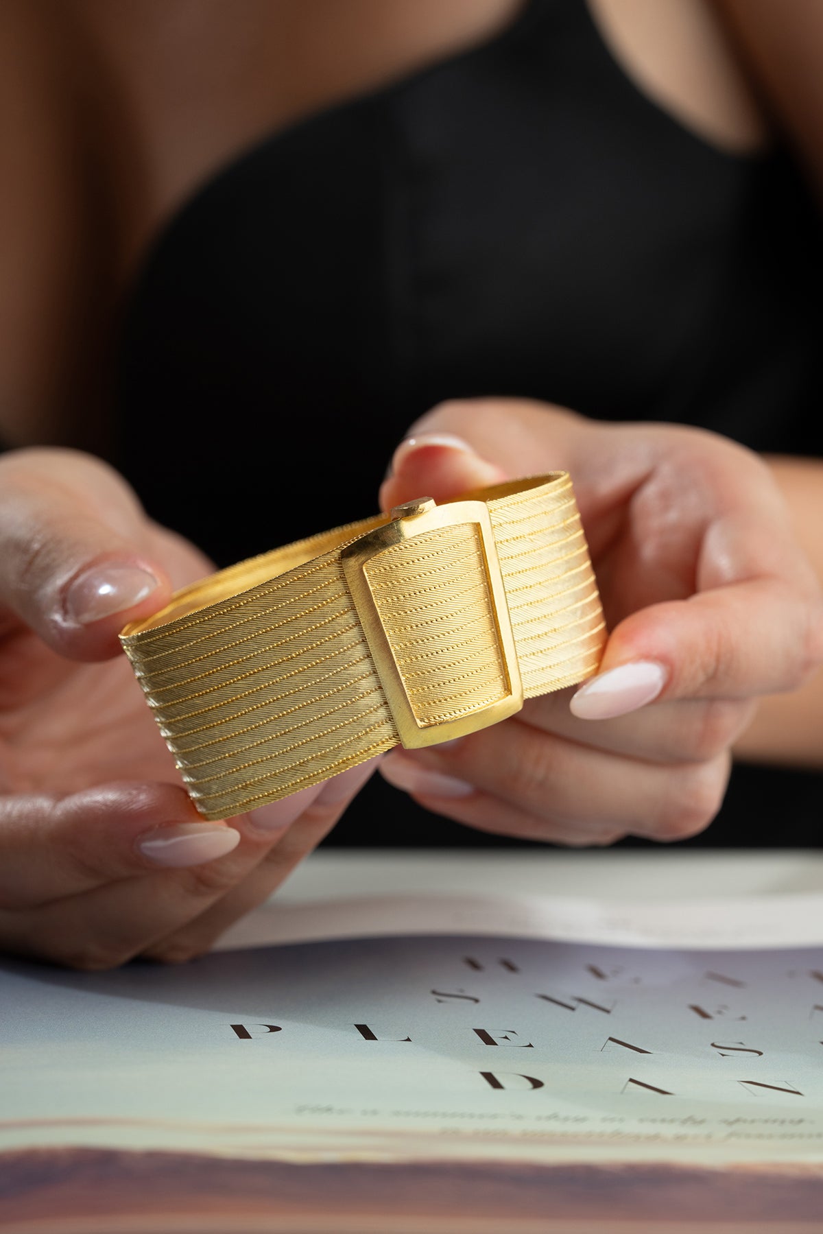 Woven Mesh Buckle Cuff Bracelet in Gold