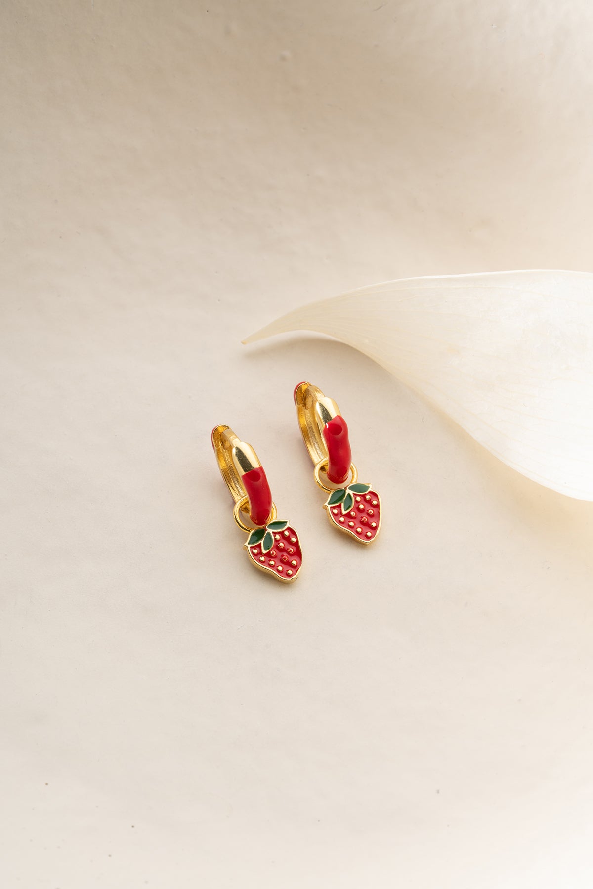 Strawberry Charm Red Enamel Hoop Earrings
