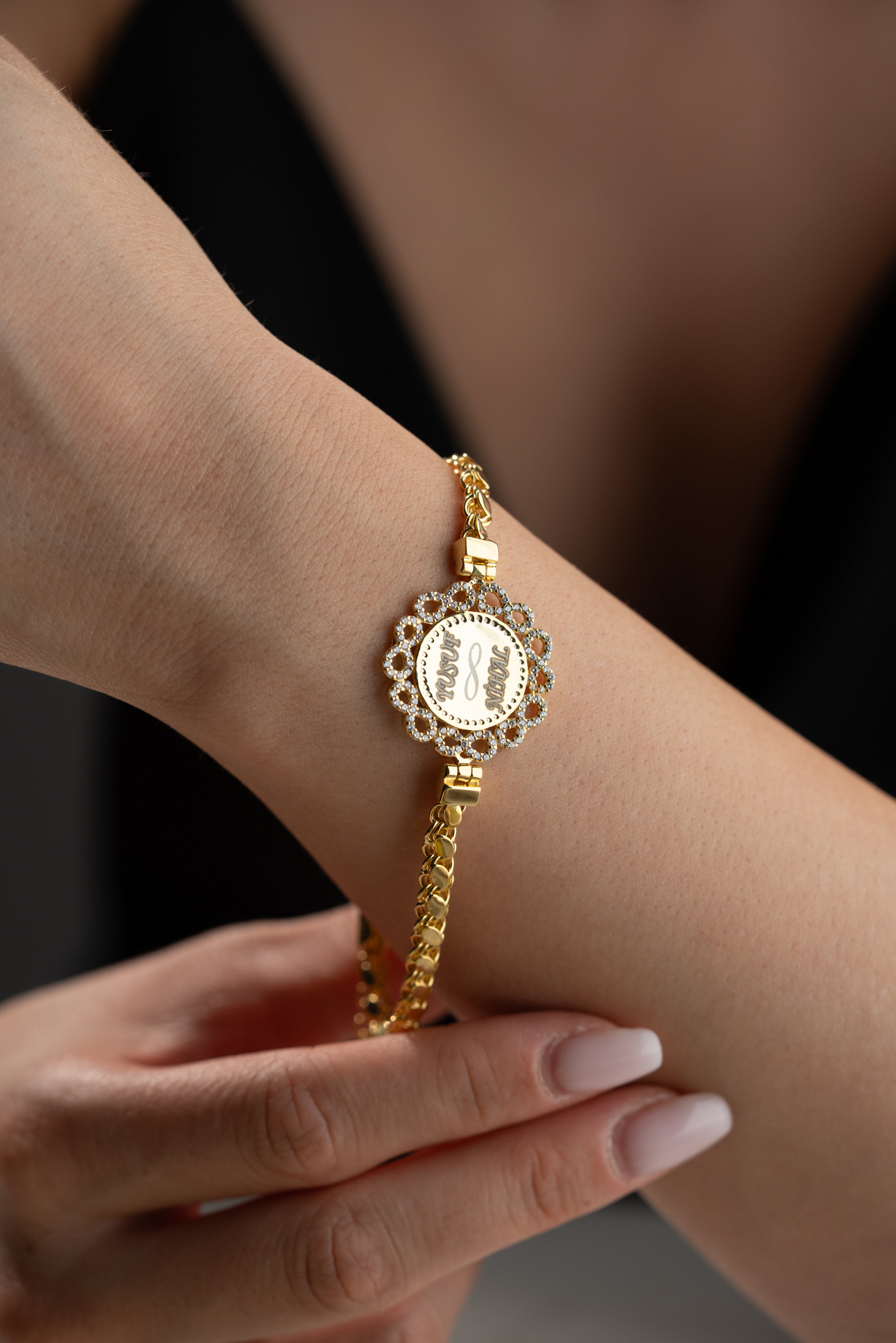 Engraved Two Name Infinity Medallion Bracelet
