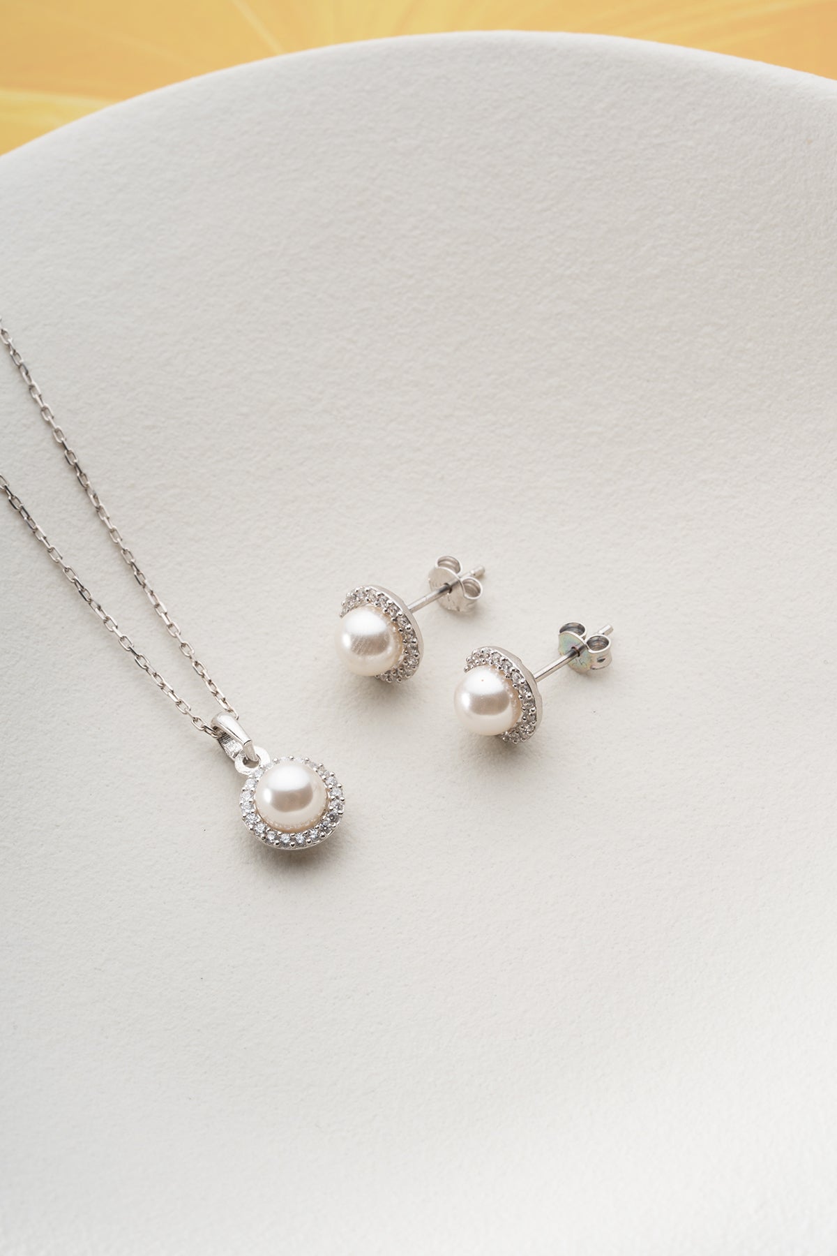 Pearl Halo Pendant Necklace and Earring Set