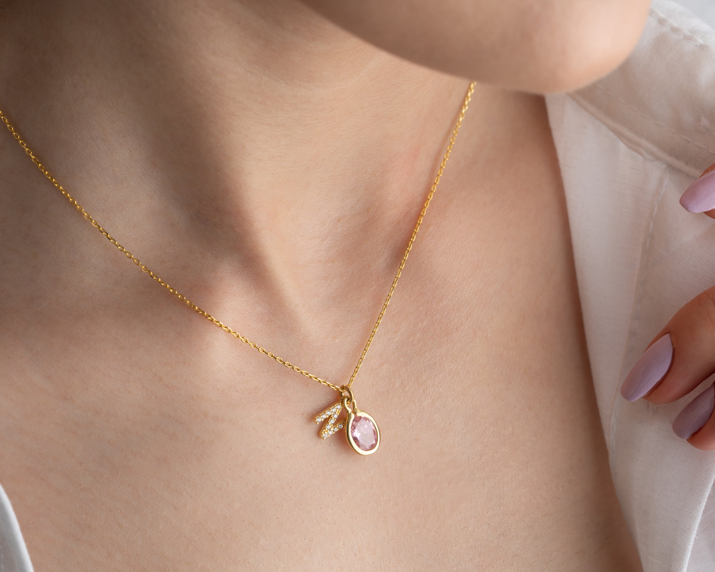 Custom Letter Birthstone Charm Necklace
