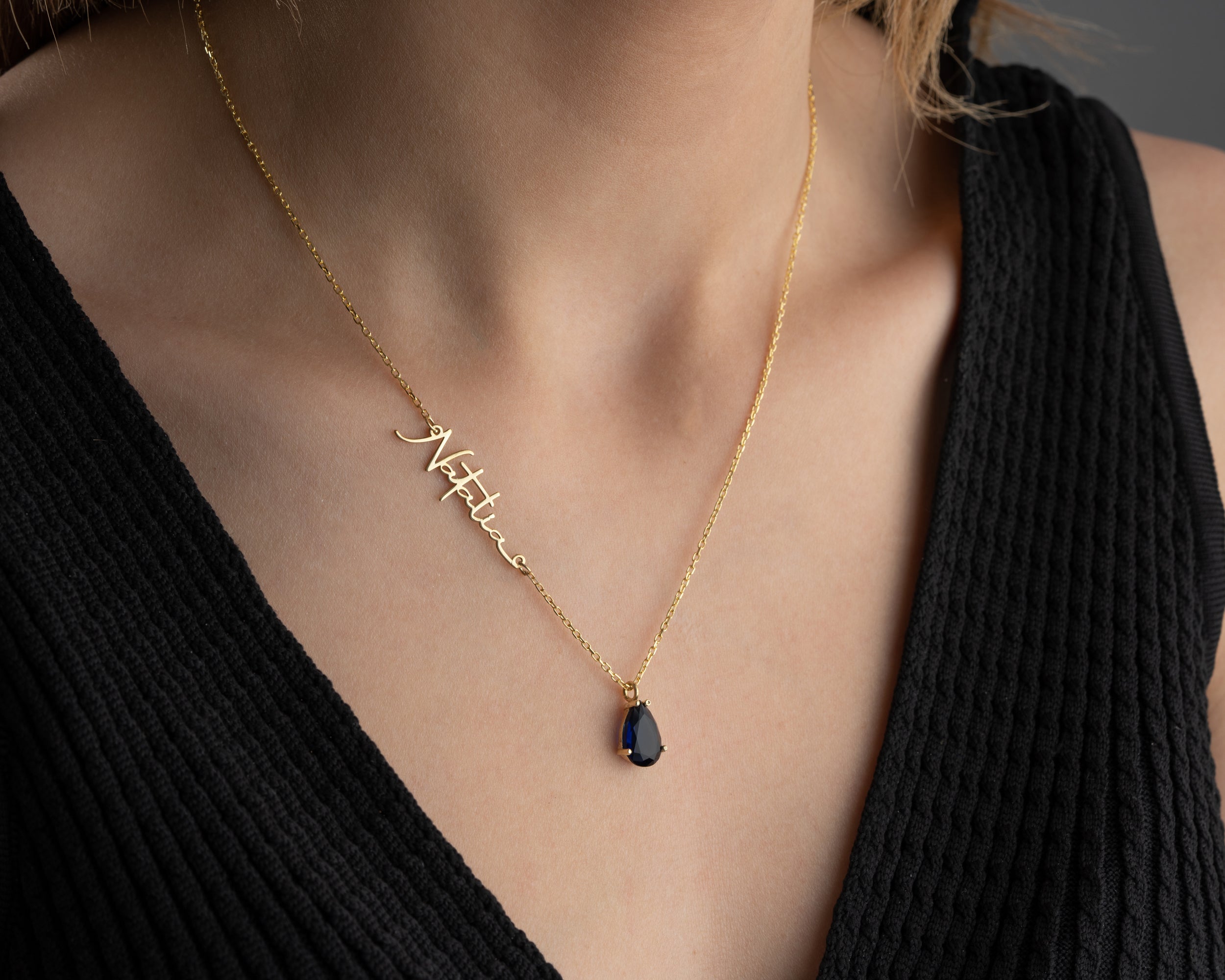 Custom Name Necklace with Birthstone Drop