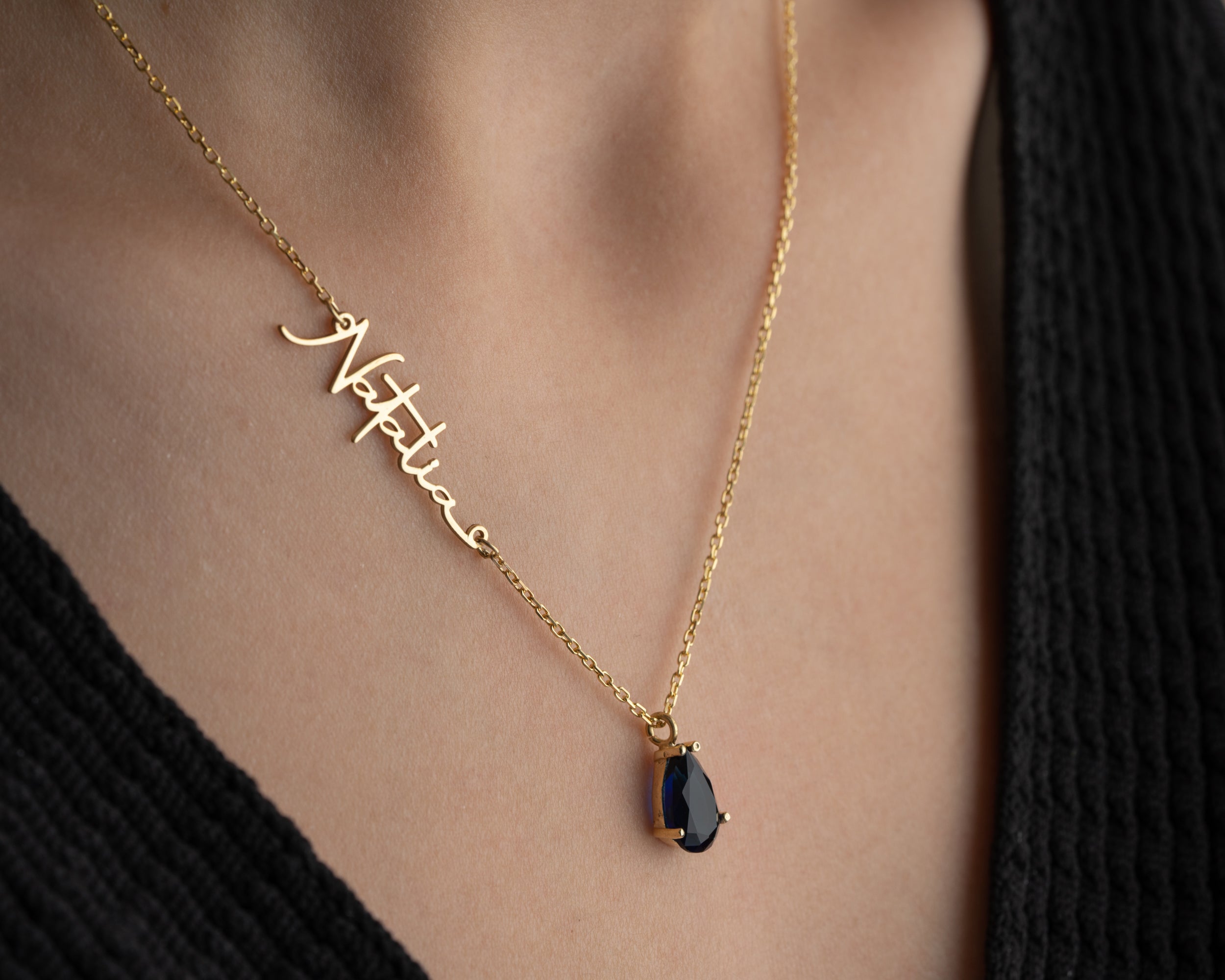 Custom Name Necklace with Birthstone Drop