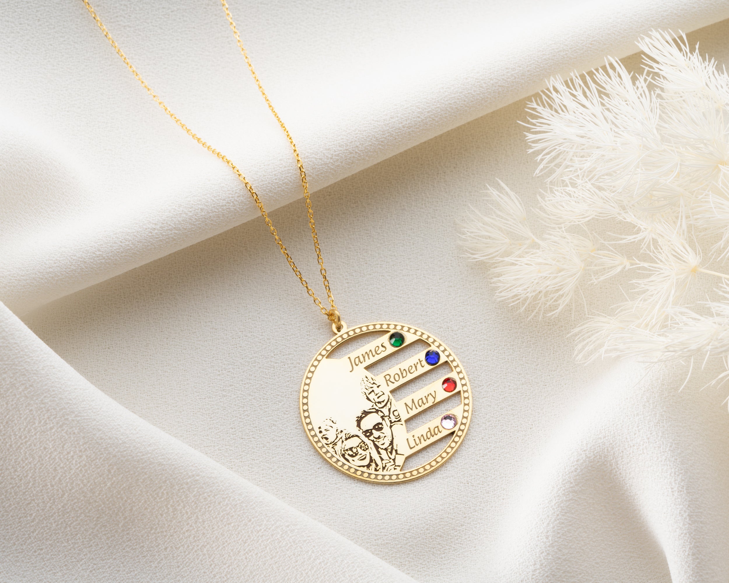 Custom Photo Engraved Family Birthstone Necklace