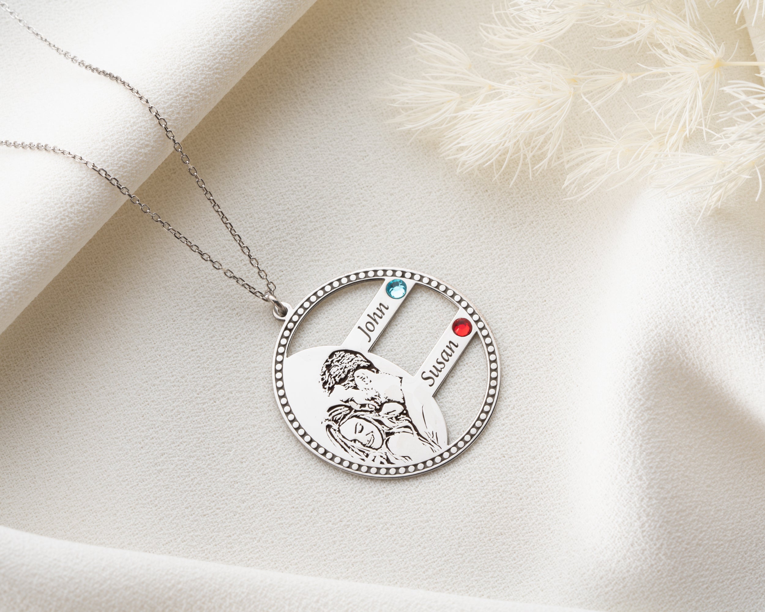 Custom Photo Engraved Family Birthstone Necklace