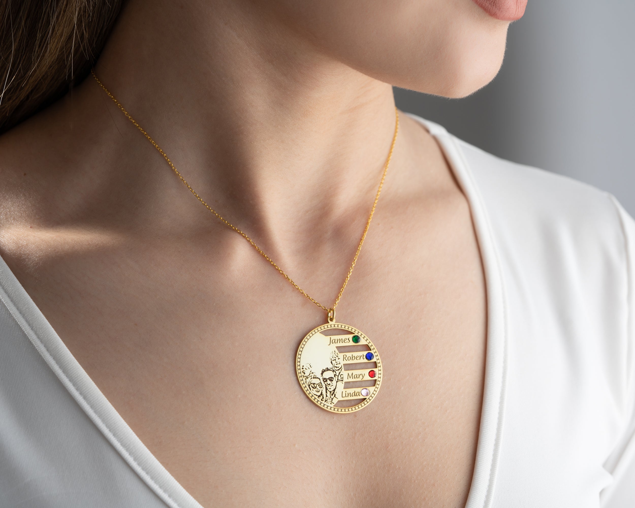Custom Photo Engraved Family Birthstone Necklace