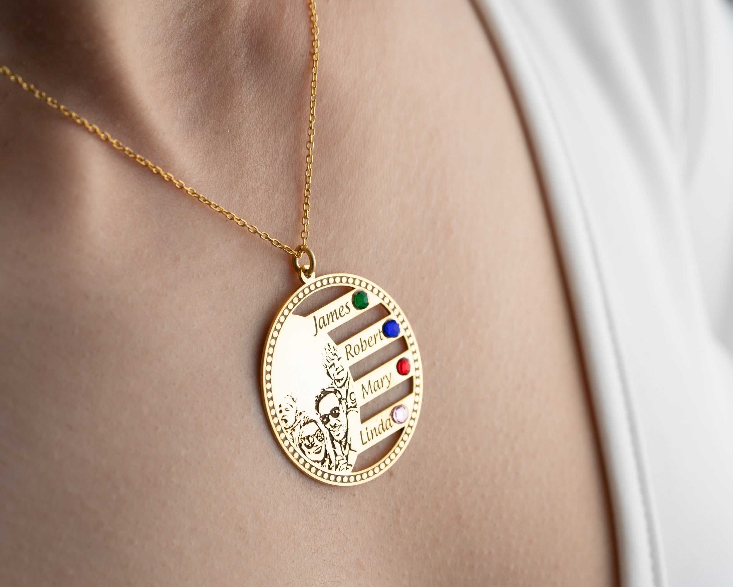 Custom Photo Engraved Family Birthstone Necklace