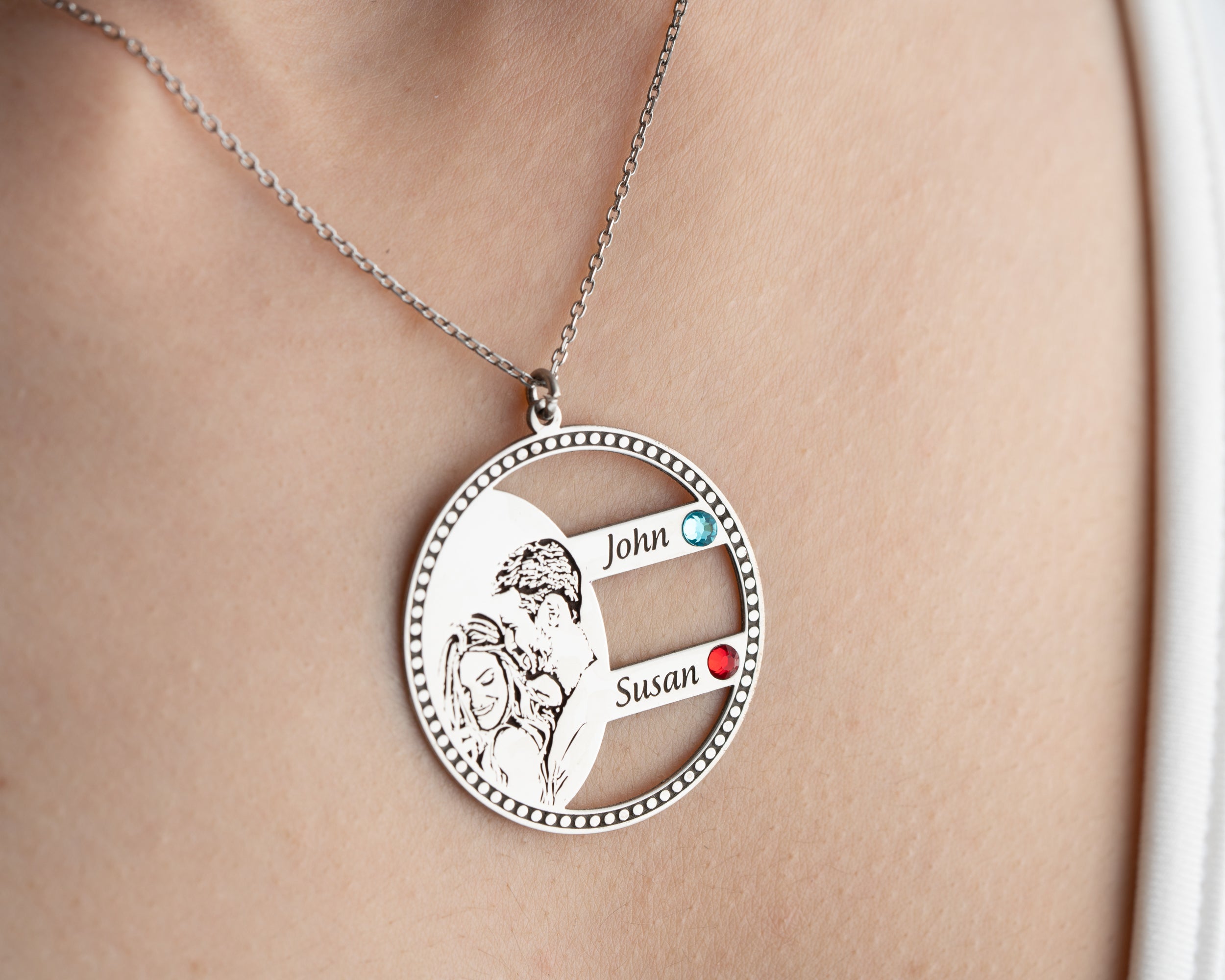 Custom Photo Engraved Family Birthstone Necklace