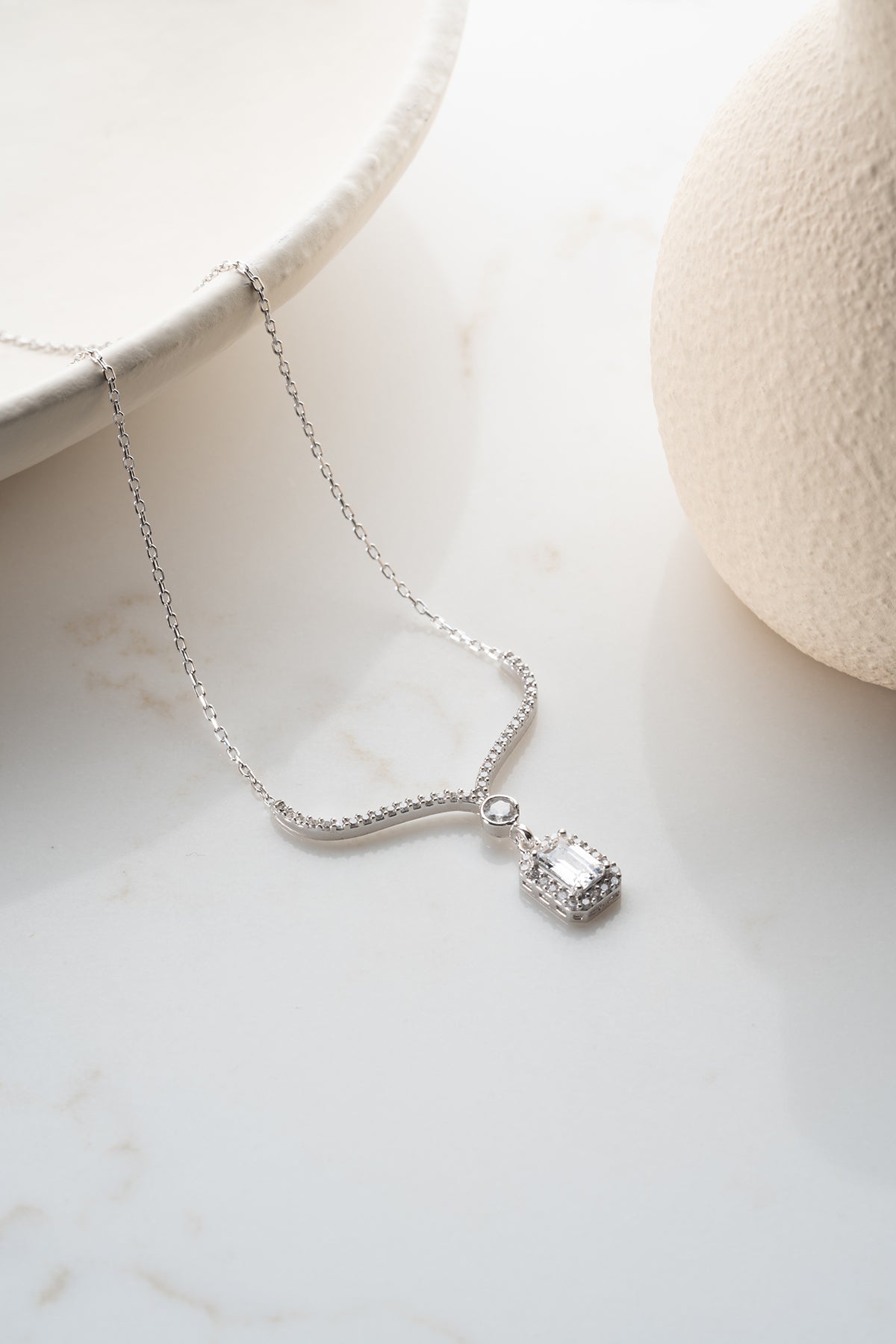 Emerald Cut Halo Pendant Necklace