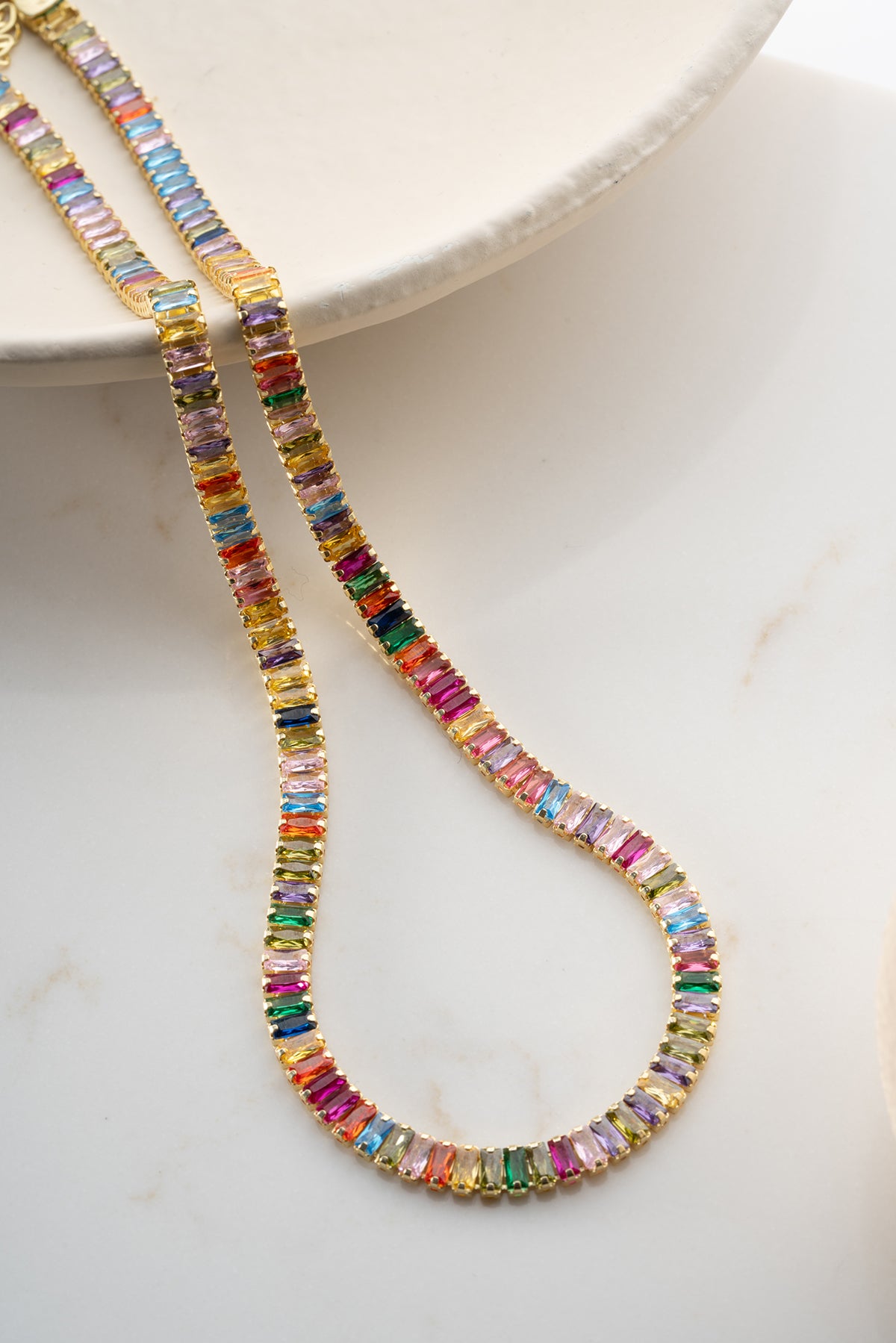 Rainbow Baguette Tennis Necklace in Gold