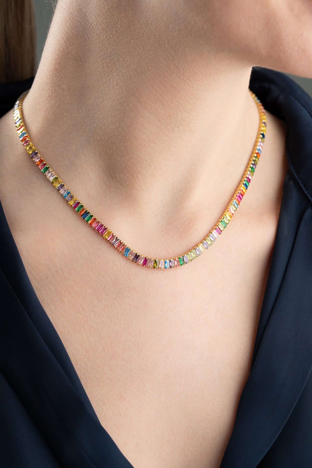 Rainbow Baguette Tennis Necklace in Gold