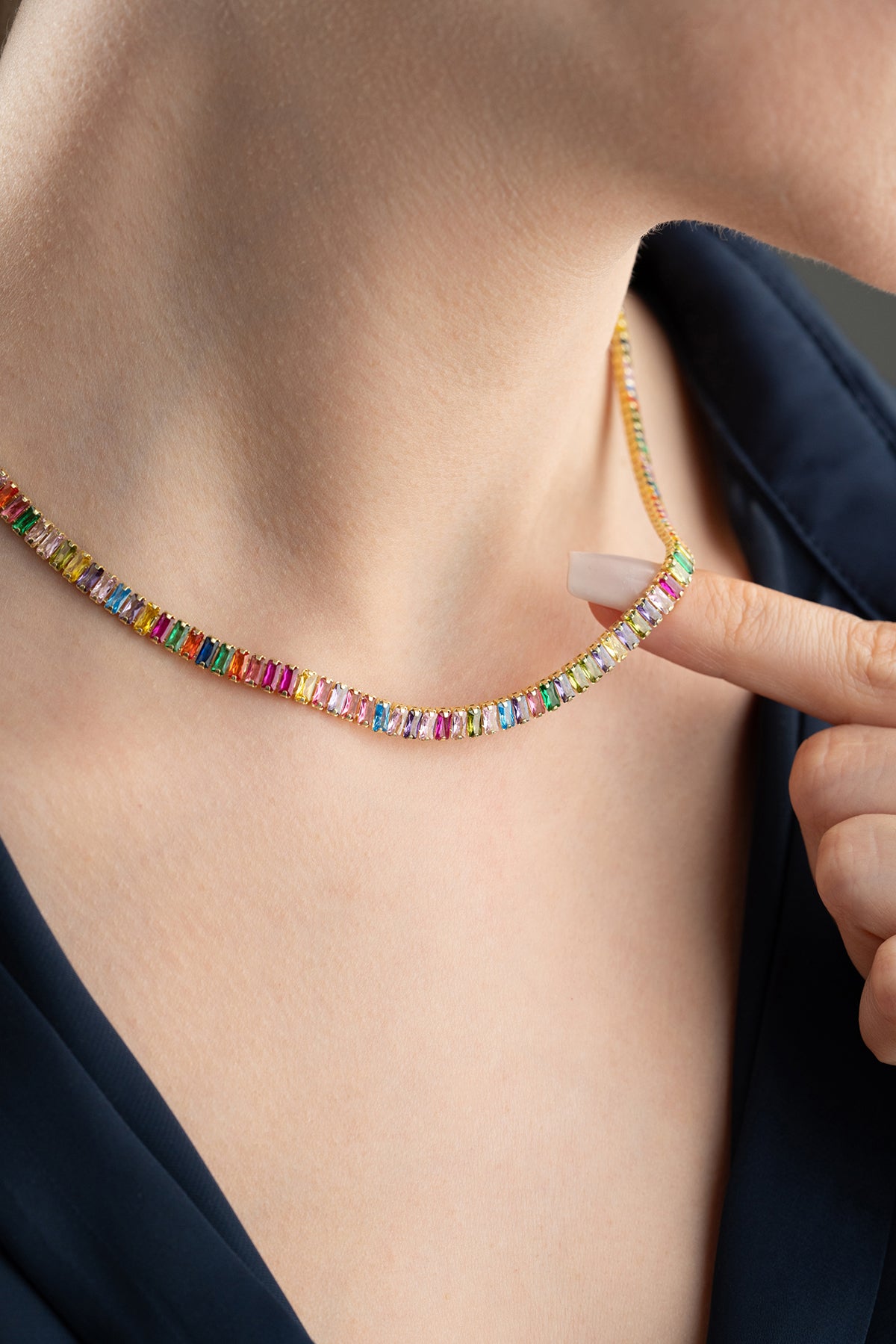 Rainbow Baguette Tennis Necklace in Gold