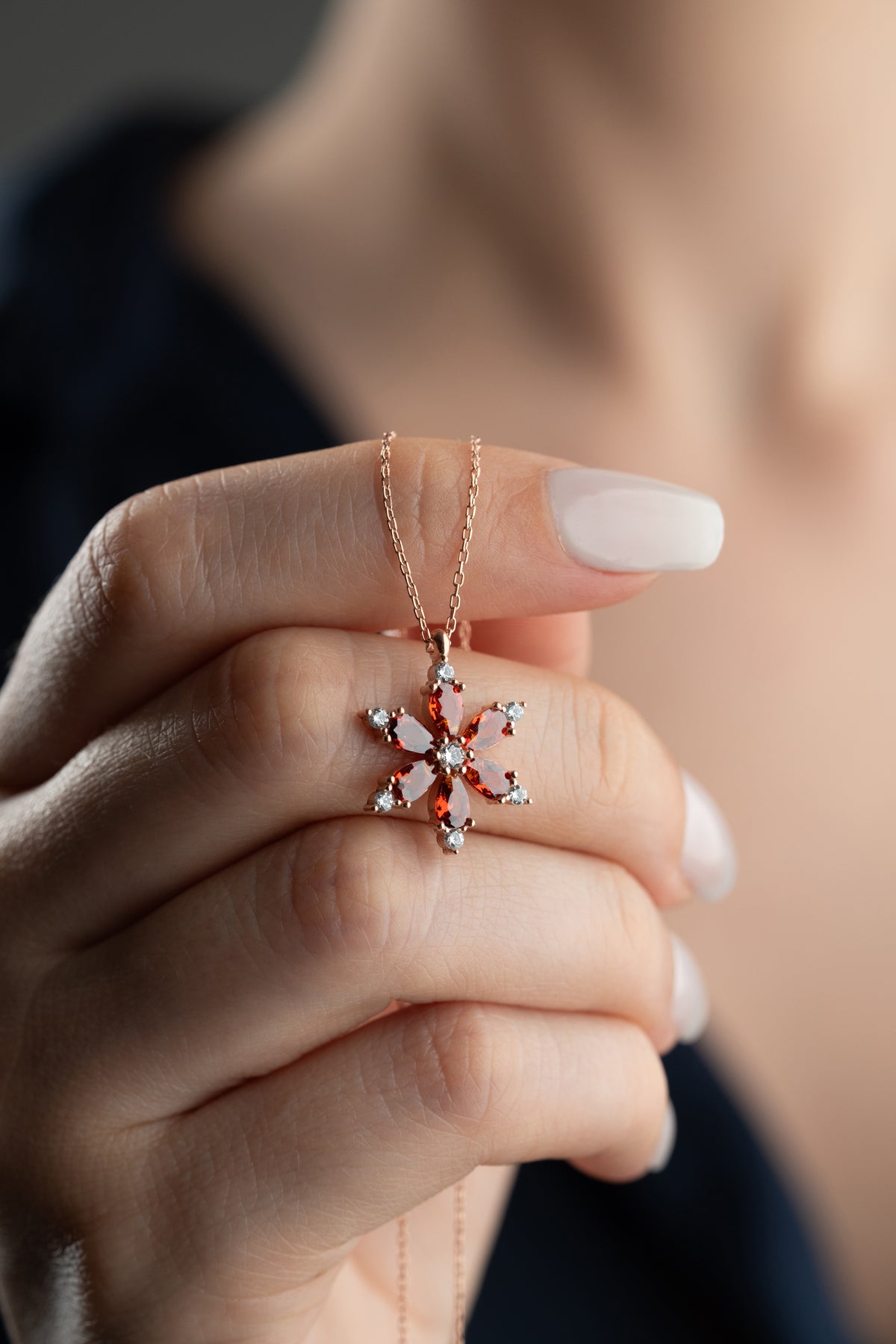 Garnet Flower Pendant Necklace in Rose Gold