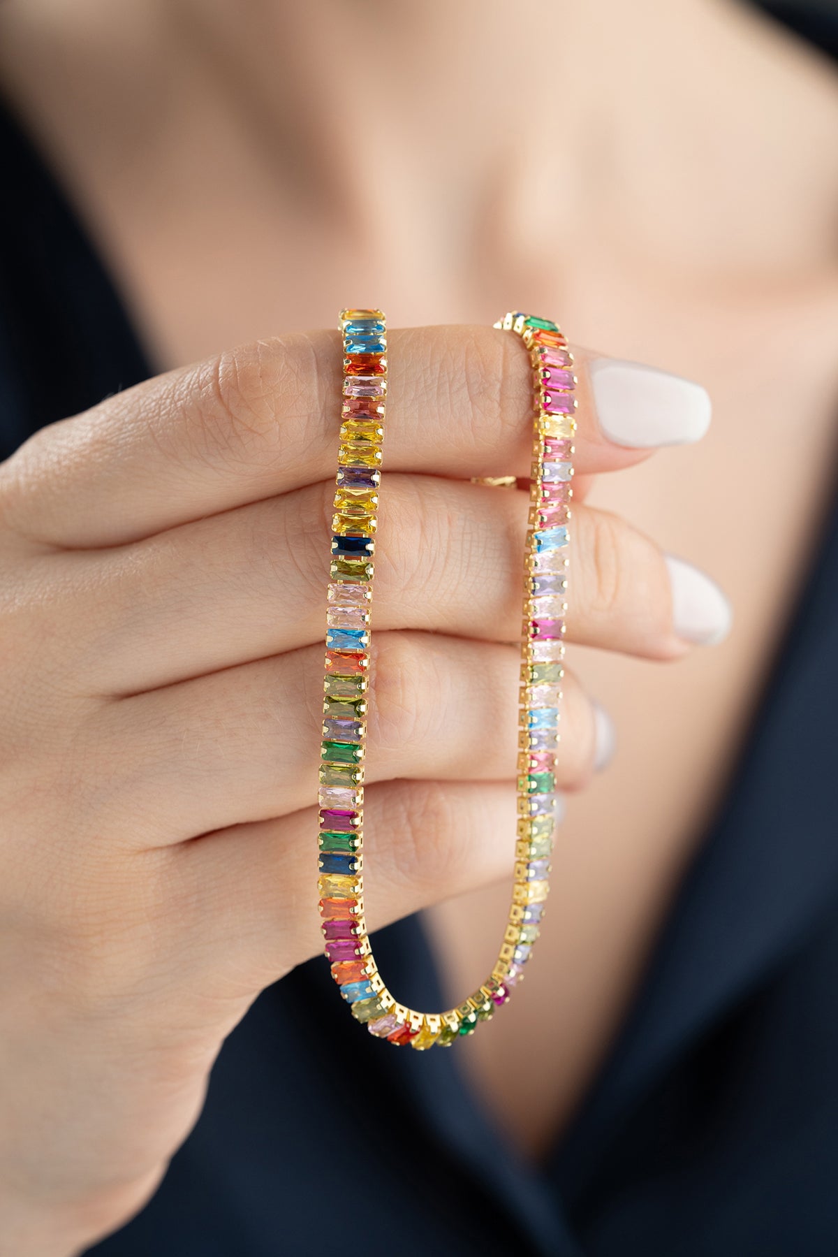 Rainbow Baguette Tennis Necklace in Gold