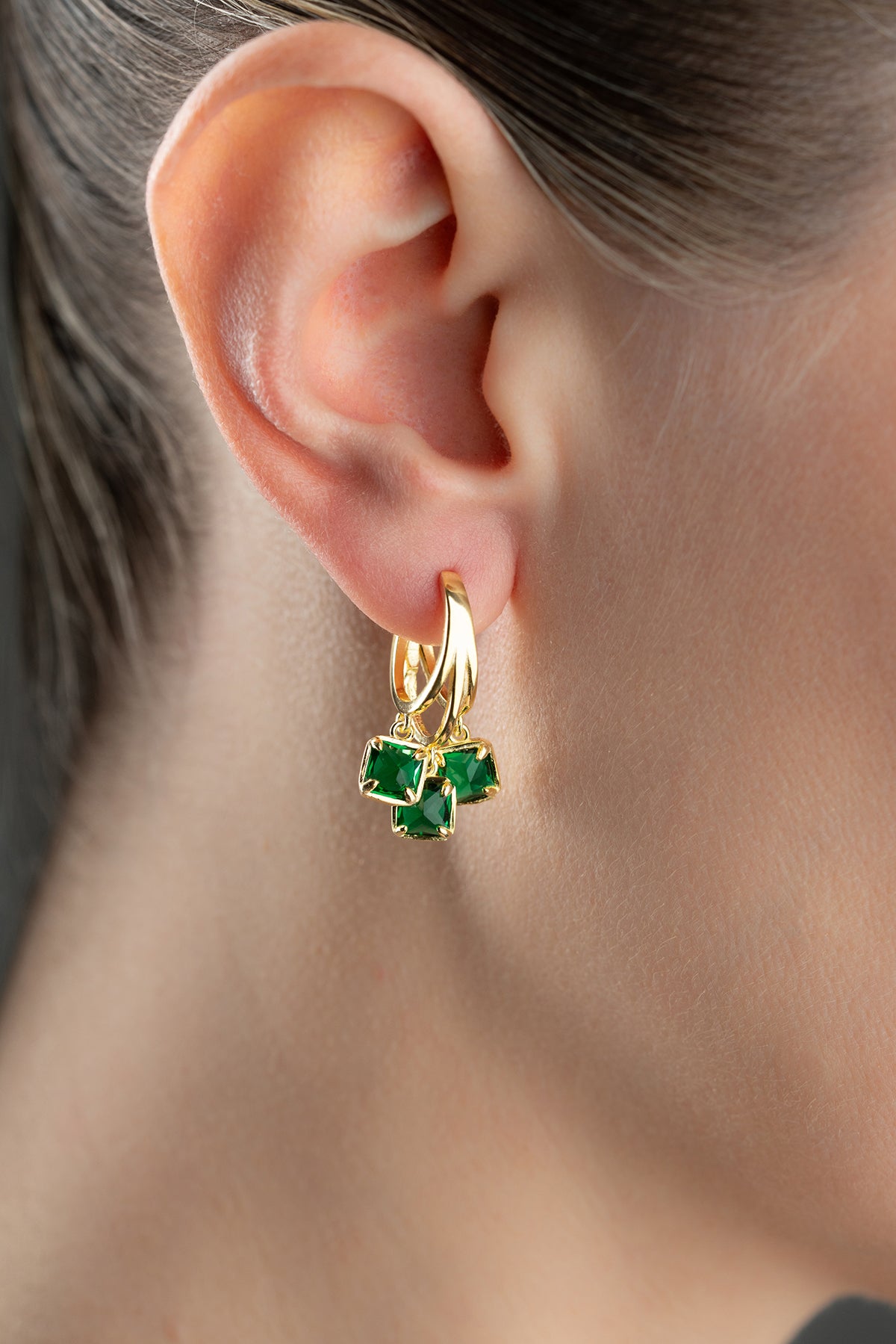 Emerald Cluster Gold Huggie Earrings