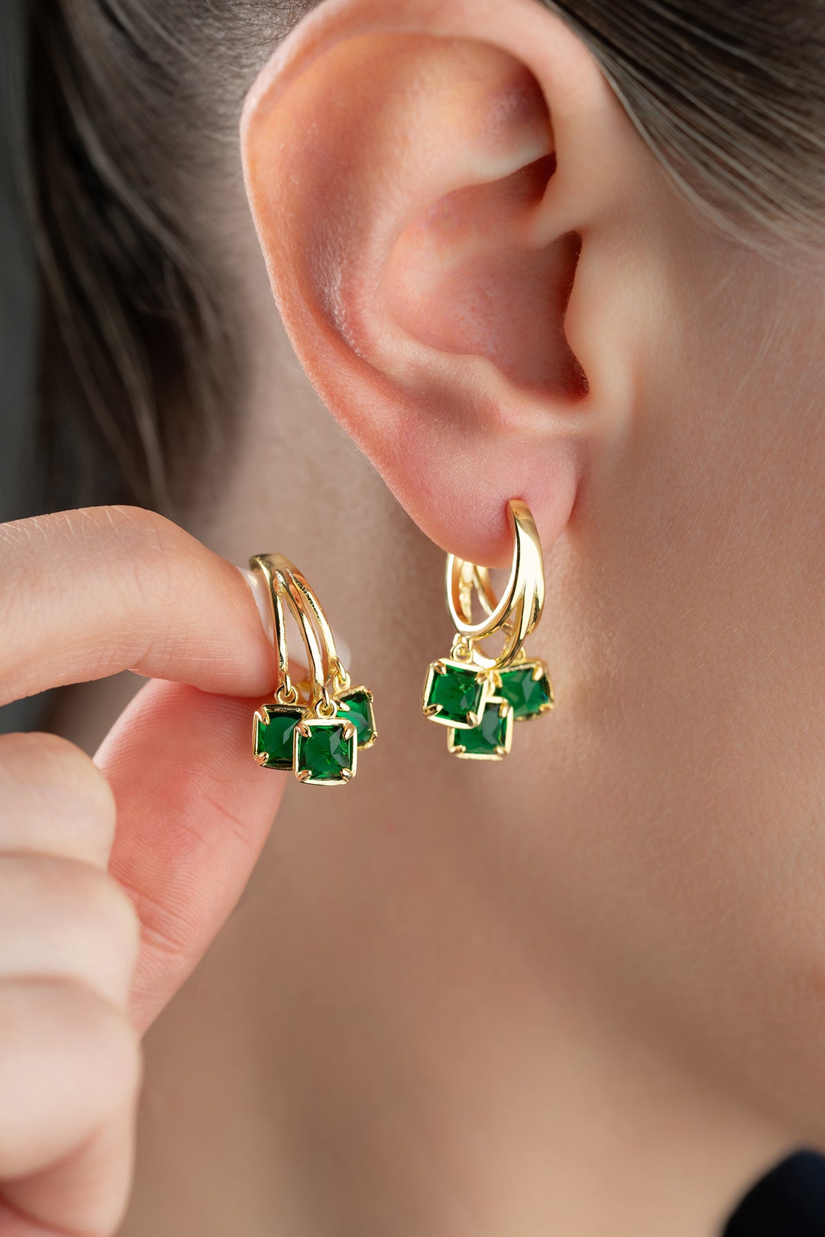 Emerald Cluster Gold Huggie Earrings