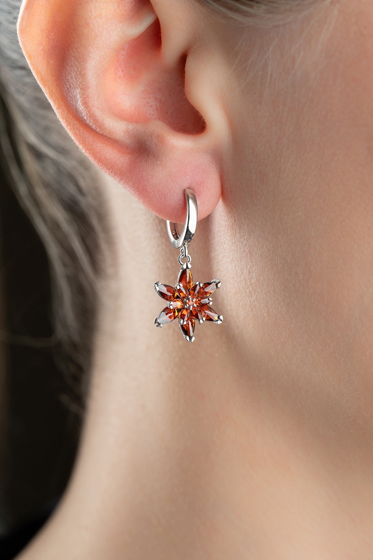 Garnet Star Flower Drop Earrings