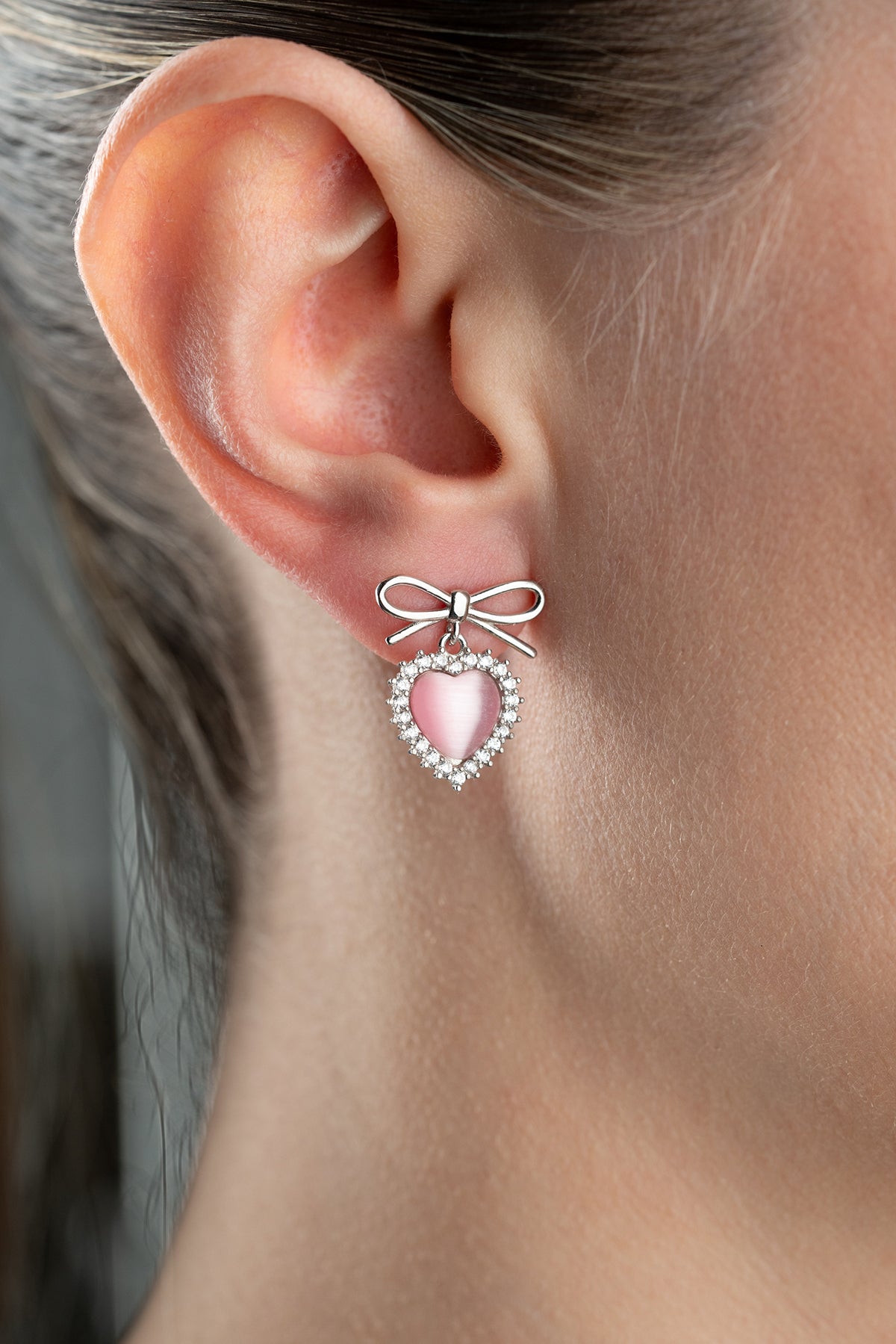 Pink Heart Bow Drop Earrings
