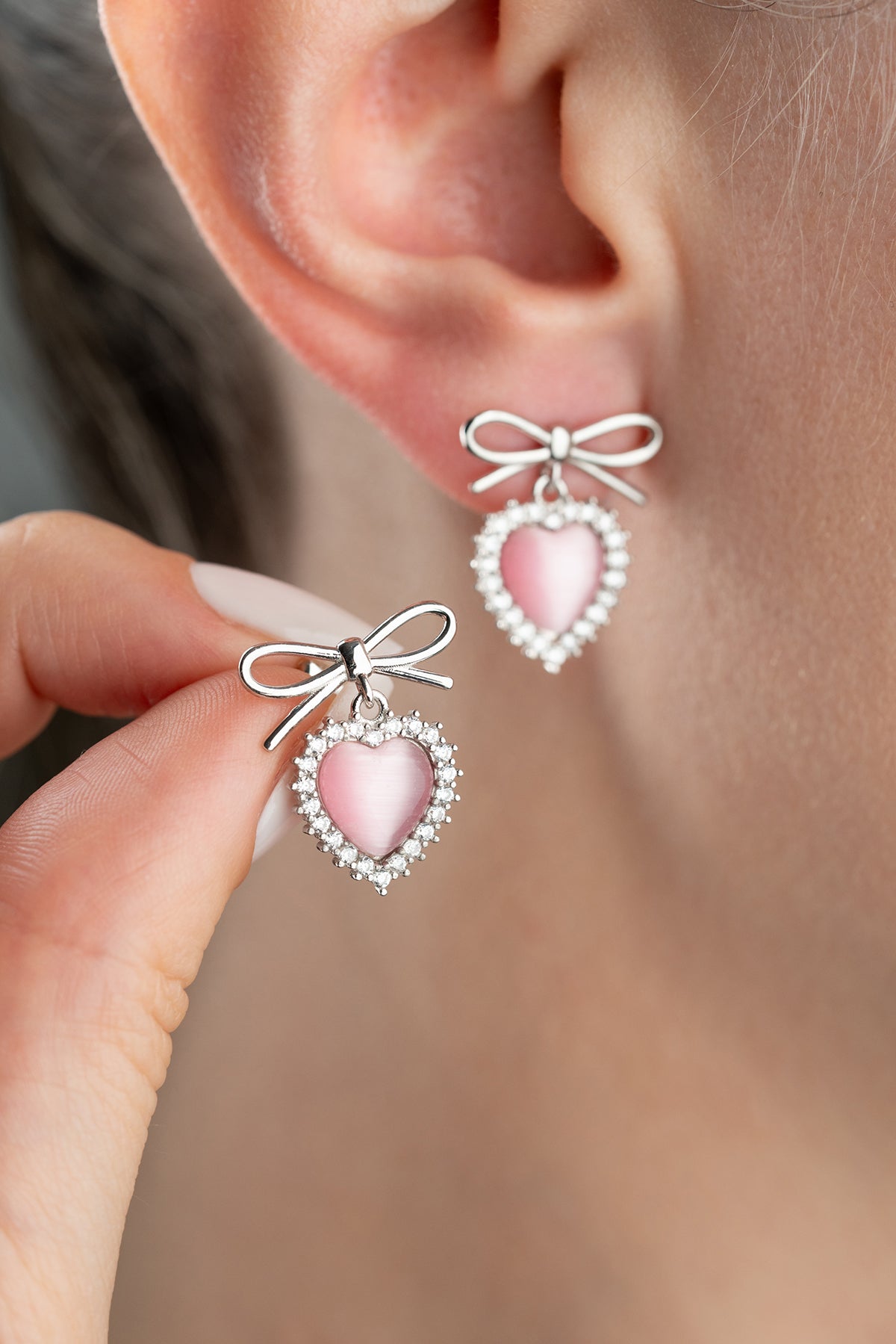 Pink Heart Bow Drop Earrings