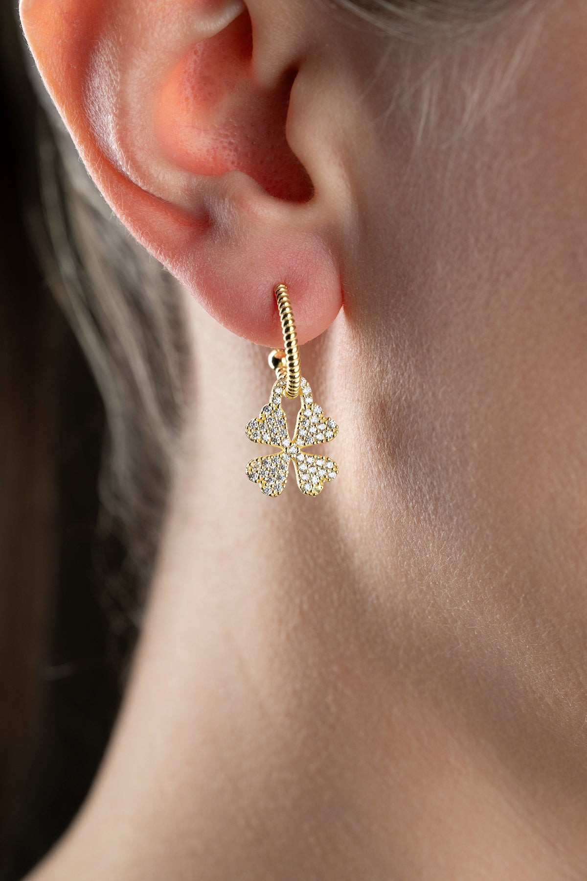 Pave Clover Drop Hoop Earrings