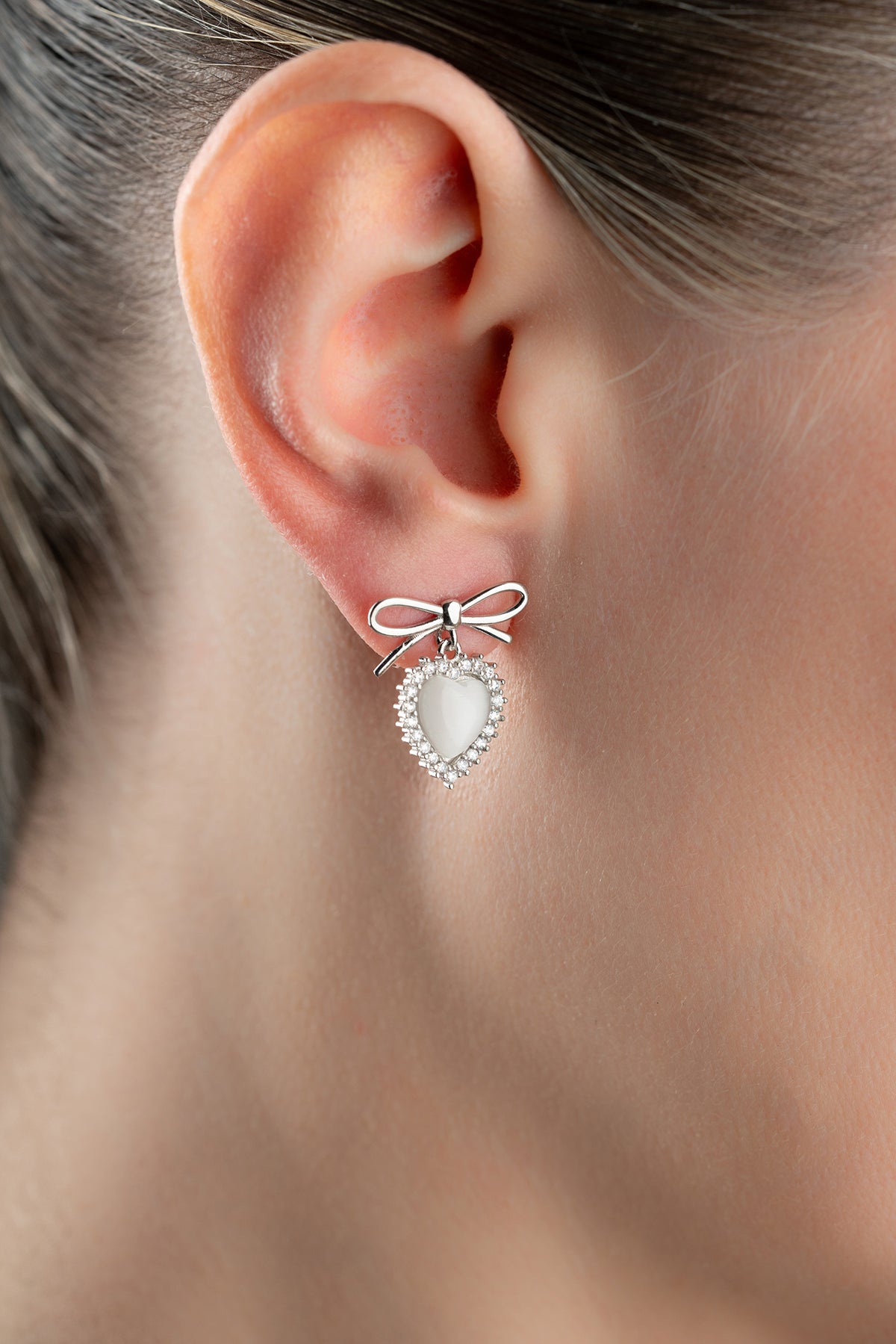 Silver Bow Heart Drop Earrings